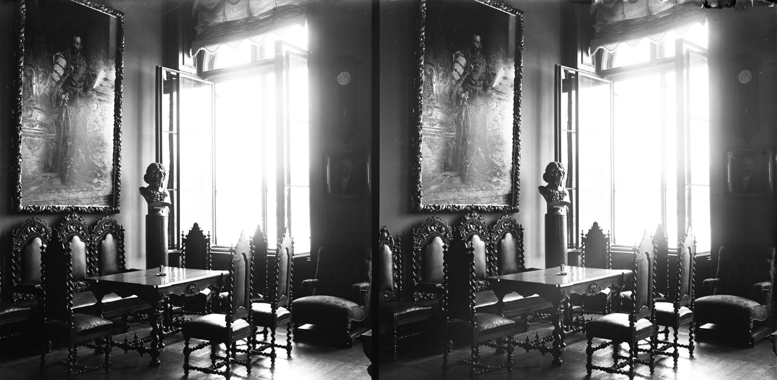 A felvétel 1900 előtt készült. A kép forrását kérjük így adja meg: Fortepan / MMKM. Levéltári jelzet: MMKM TTFGY 2019.1., 1900, Magyar Műszaki és Közlekedési Múzeum / Eötvös Loránd, Eötvös Loránd, sztereófotó, asztal, festmény, fotel, mellszobor, ellenfény, szék, Fortepan #303467