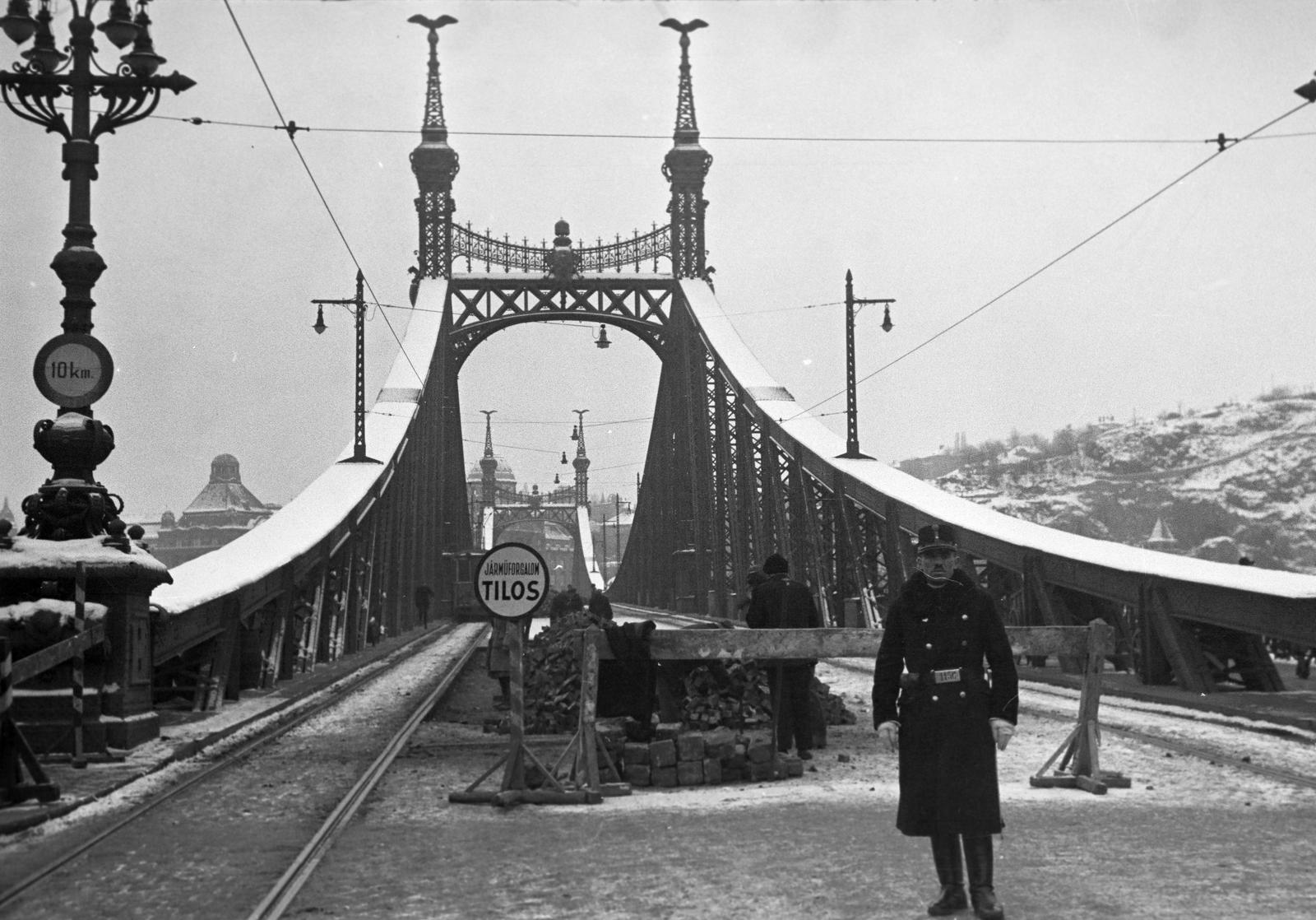 Magyarország, Budapest IX., Szabadság (Ferenc József) híd. A felvétel a vágányok középre helyezésekor, a vasszerkezet javításakor és festésekor készült., 1938, Inkey Tibor, rendőr, útjavítás, híd, Budapest, Fortepan #303984