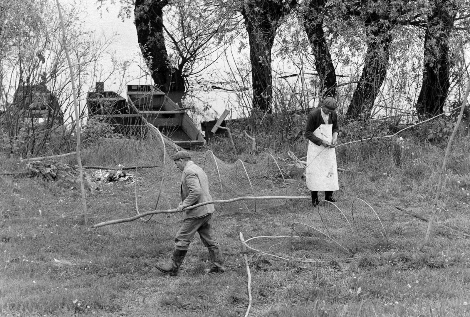 Magyarország, Algyő, Atkai Holt-Tisza, halászok készítik elő a varsákat., 1978, Szebeni András, halászháló, halászat, Fortepan #304054