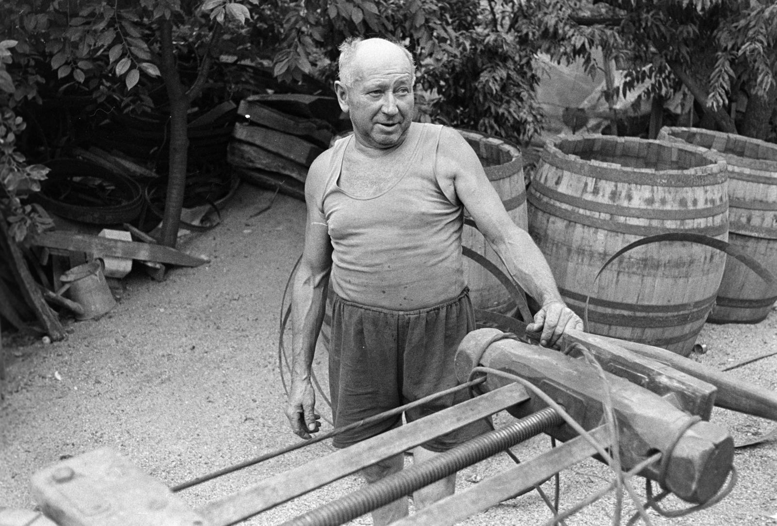 Hungary, Dombai József kádármester., 1976, Szebeni András, extinct crafts, cooper workshop, tradie, strong, Fortepan #304159