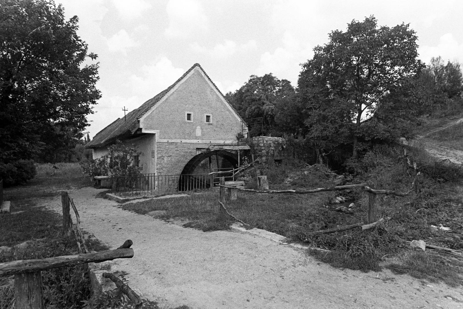 Hungary, Örvényes, Szent Imre utca, vízimalom a Pécsely-patak partján (később Malommúzeum)., 1981, Szebeni András, watermill, gable, Fortepan #304169