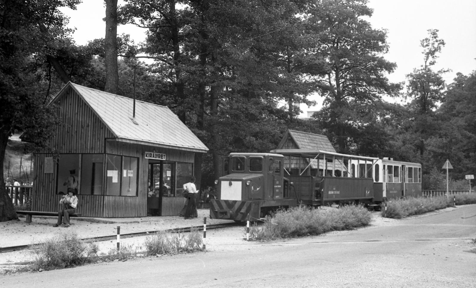 Hungary, Szokolya, Királyrét, az erdei vasút állomása., 1975, Beszeda László Zoltán, train station, Királyrét Forest Railway, diesel locomotive, narrow-gauge railway, Fortepan #304246