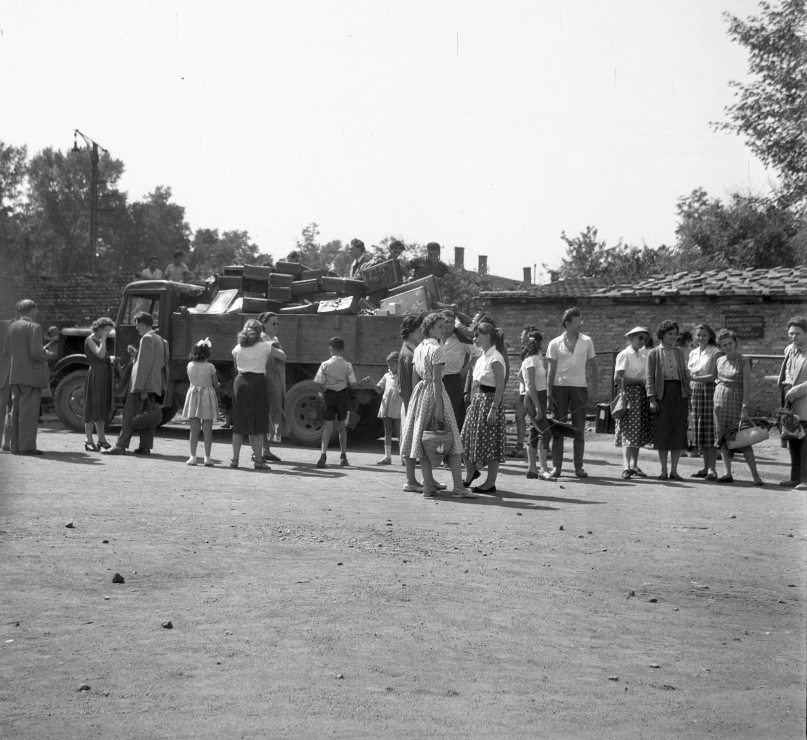 1962, Bán Tamás, dotted dress, suitcase, waiting, commercial vehicle, Fortepan #304390