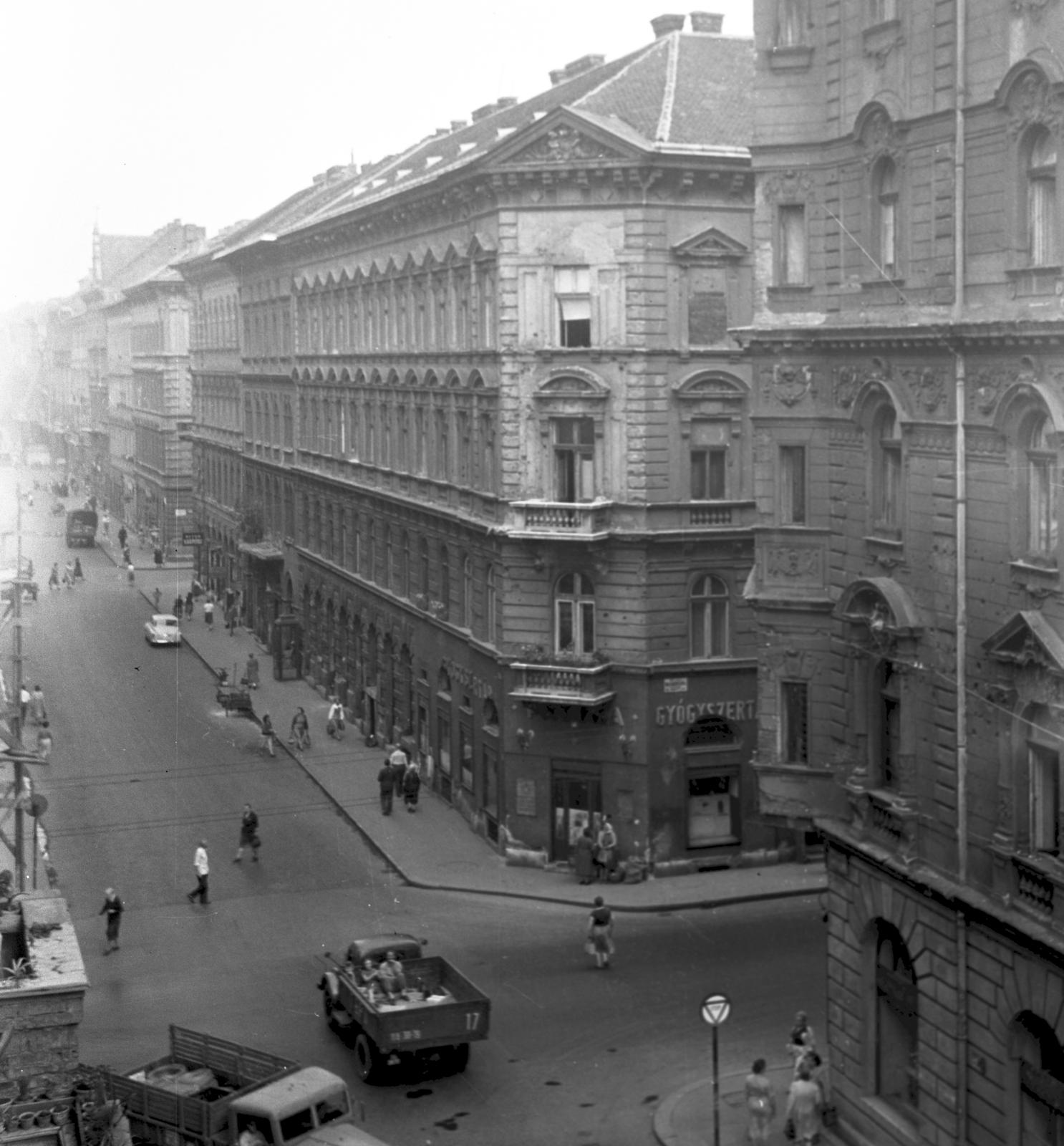 1959, Bán Tamás, telefonfülke, gyógyszertár, felülnézet, Fortepan #304396