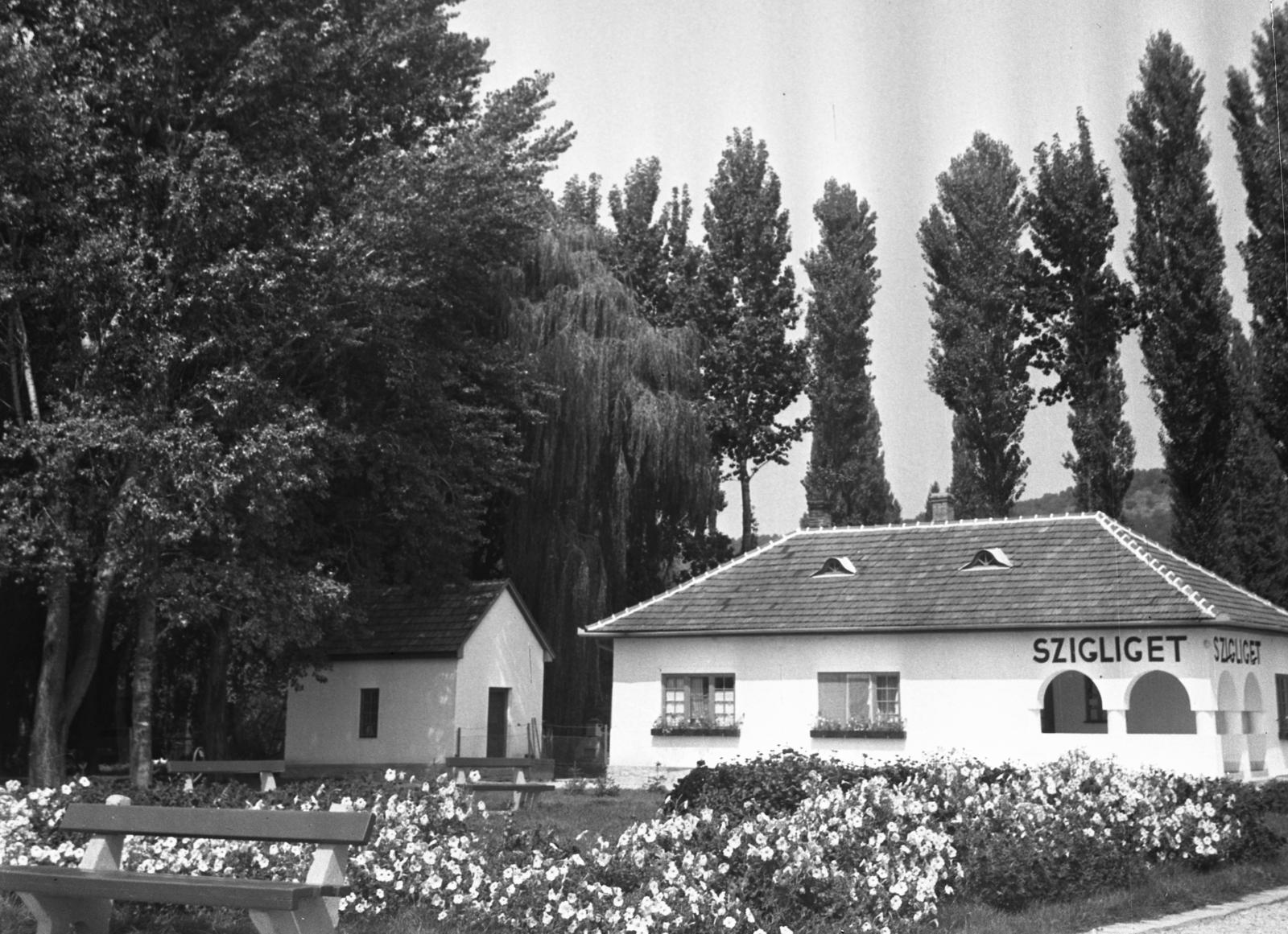 Magyarország,Balaton, Szigliget, hajóállomás., 1959, Bán Tamás, virágágyás, épület, Fortepan #304397