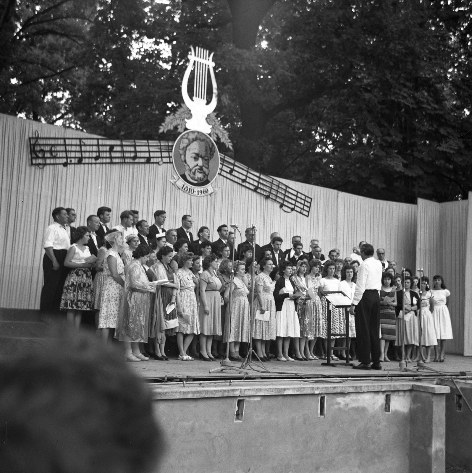 1960, Bán Tamás, conductor, choir, decoration, stage, Fortepan #304406