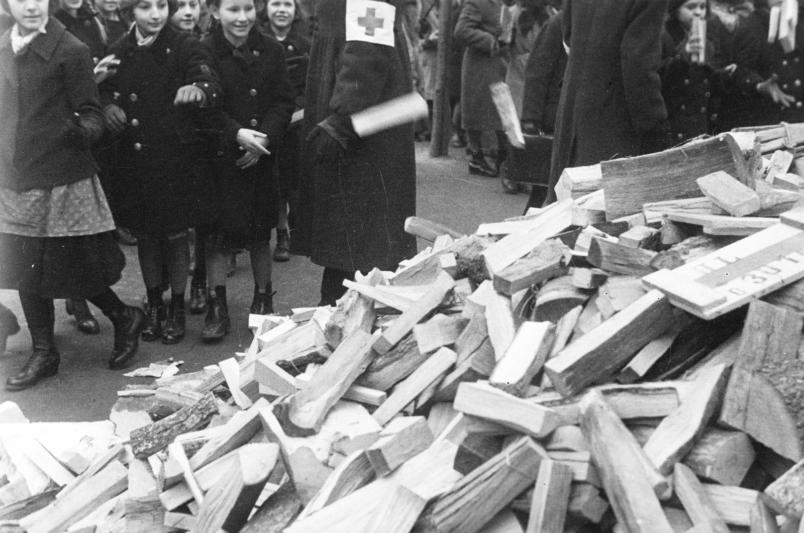 Magyarország, Budapest VIII., Horváth Mihály (Mária Terézia) tér, a Vöröskereszt szervezésében, a "csak egy darab fát a szegényeknek" ínségakció, diákok tűzifát gyűjtenek a rászorulóknak., 1937, Inkey Tibor, tüzifa, vöröskereszt, Budapest, Fortepan #305185