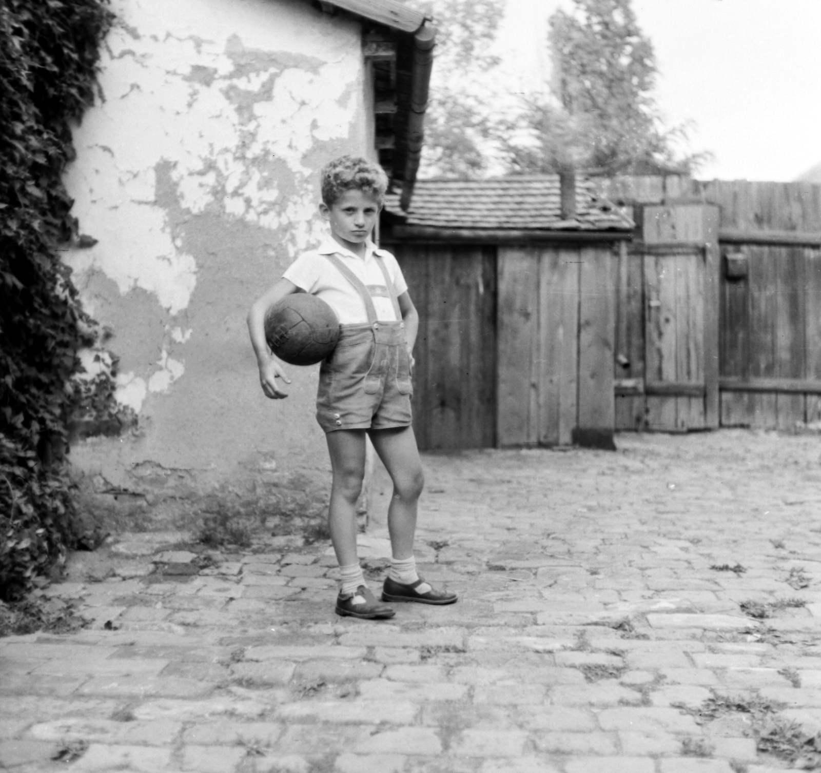 1955, Fortepan, portrait, yard, kid, summer, ball, woodshed, Fortepan #30673
