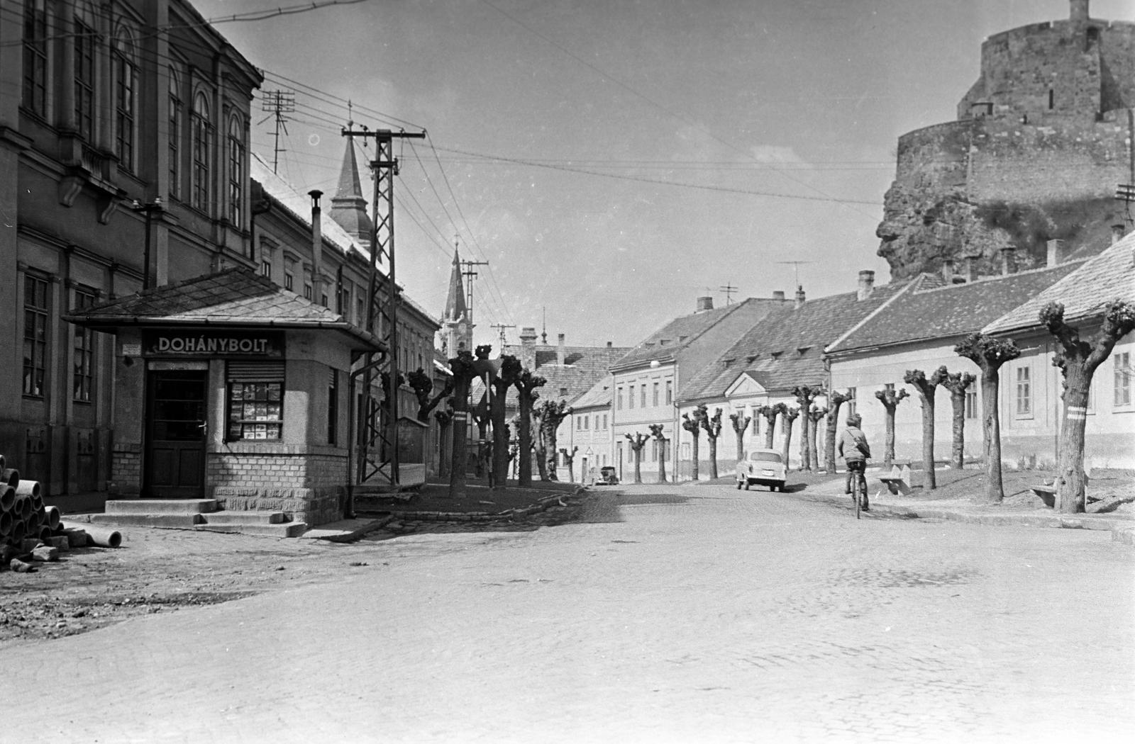 Hungary, Esztergom, Pázmány Péter utca (ekkor Bajcsy-Zsilinszky út) a 11-es főút felől, a kép balszélén a Főszékesegyházi Könyvtár (Bibliothéka) épülete, jobbra a Várhegy. Háttérben a Szatmári Irgalmasnővérek Zárdatemploma és a Loyolai Szent Ignác-templom., 1961, Gazda Anikó, Fortepan #307078