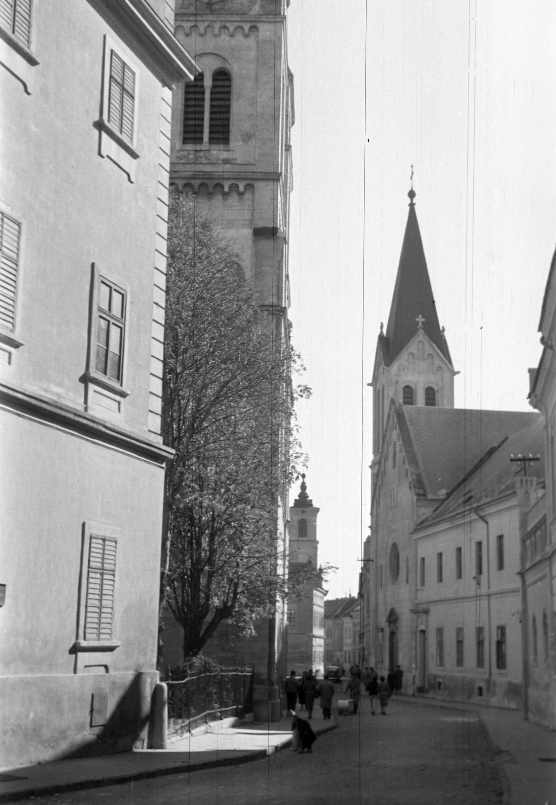 Hungary, Veszprém, Vár, balra a Szent Mihály-székesegyház, jobbra a Szent István ferences templom, középen a távolban a Piarista templom., 1965, Gazda Anikó, Fortepan #307228