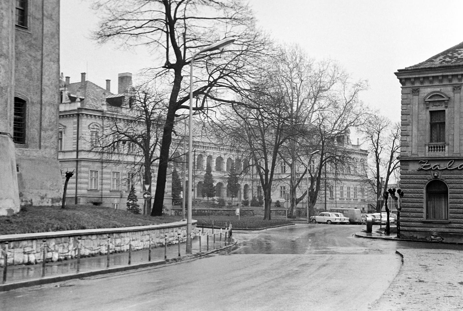 Magyarország, Zalaegerszeg, Batthyány Lajos utca, balra a Nagytemplom (Mária Magdolna templom), középen a Göcseji Múzeum épülete, jobbra a Zala Vendéglő., 1977, Gazda Anikó, Fortepan #307291