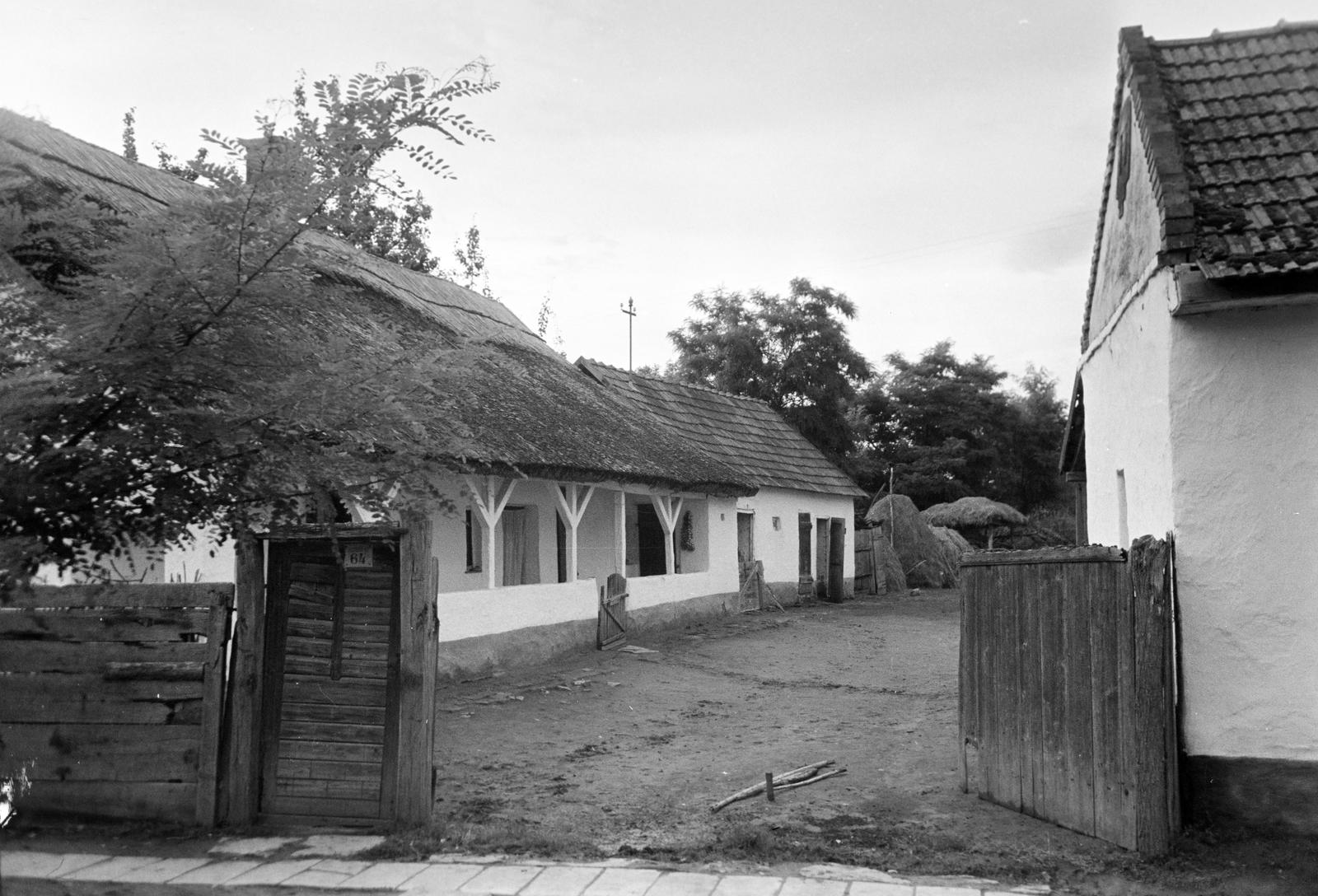 Hungary, 1963, Gazda Anikó, gate, board, thatched roof, porch, Fortepan #307317