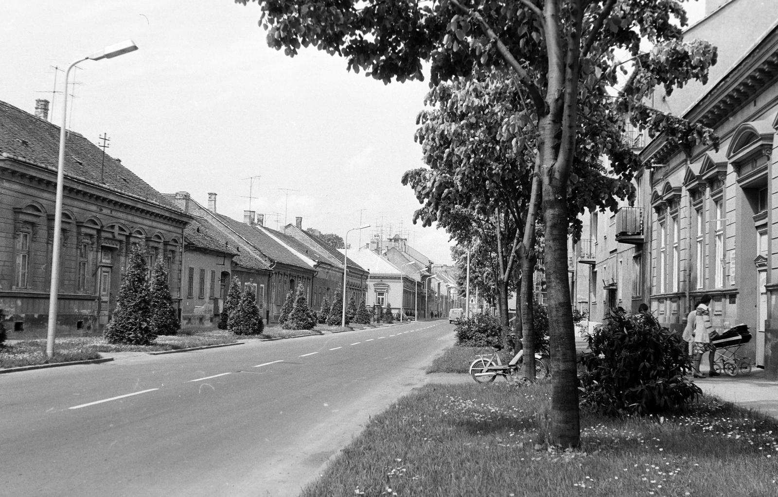 Magyarország, Nagykanizsa, Csengery út, a felvétel a 35-ös számú ház előtt készült, középen a Kisfaludy Sándor utca sarkán álló ház látható., 1977, Gazda Anikó, Fortepan #307609