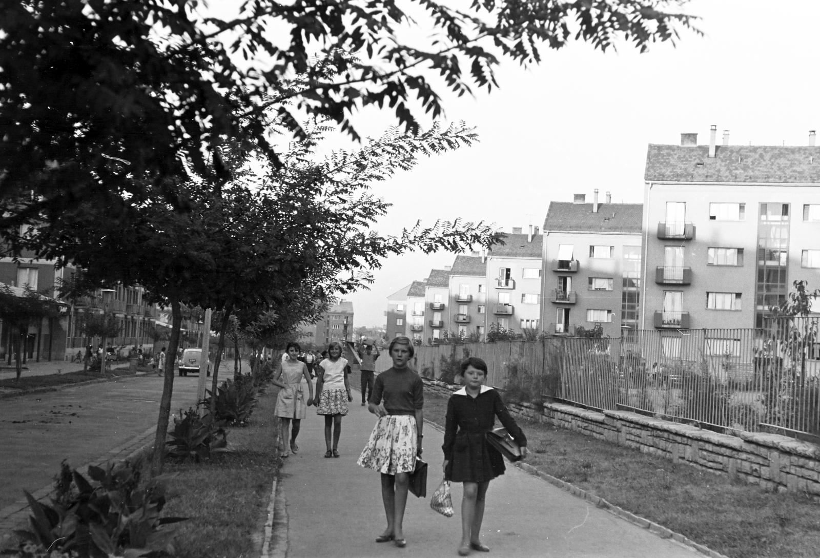Hungary, Uránváros, Pécs, Kőrösi Csoma Sándor utca az Ybl Miklós utca felé nézve., 1963, Gazda Anikó, Best of, schoolbag, pavement, blocks, student, kids, string bag, Fortepan #307674