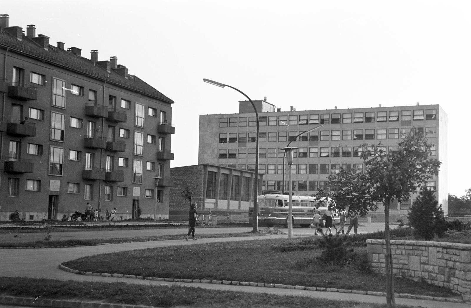 Magyarország, Uránváros, Pécs, Esztergár Lajos utca (39-es dandár út), jobbra a Mecseki Ércbánya Vállalat irodaháza., 1963, Gazda Anikó, Fortepan #307677