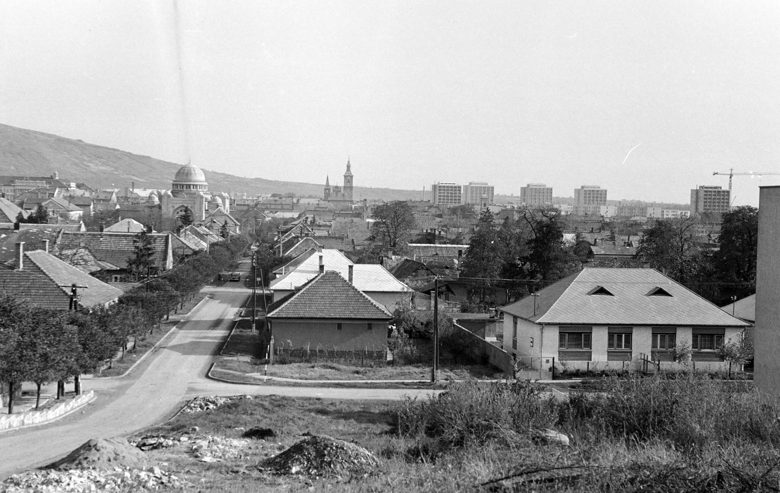 Magyarország, Gyöngyös, balra a Május 1. lépcső, jobbra keresztbe a Csalogány utca. Háttérben balra a zsinagóga, ettől jobbra, távolabb a Ferences templom., 1975, Gazda Anikó, Fortepan #307863