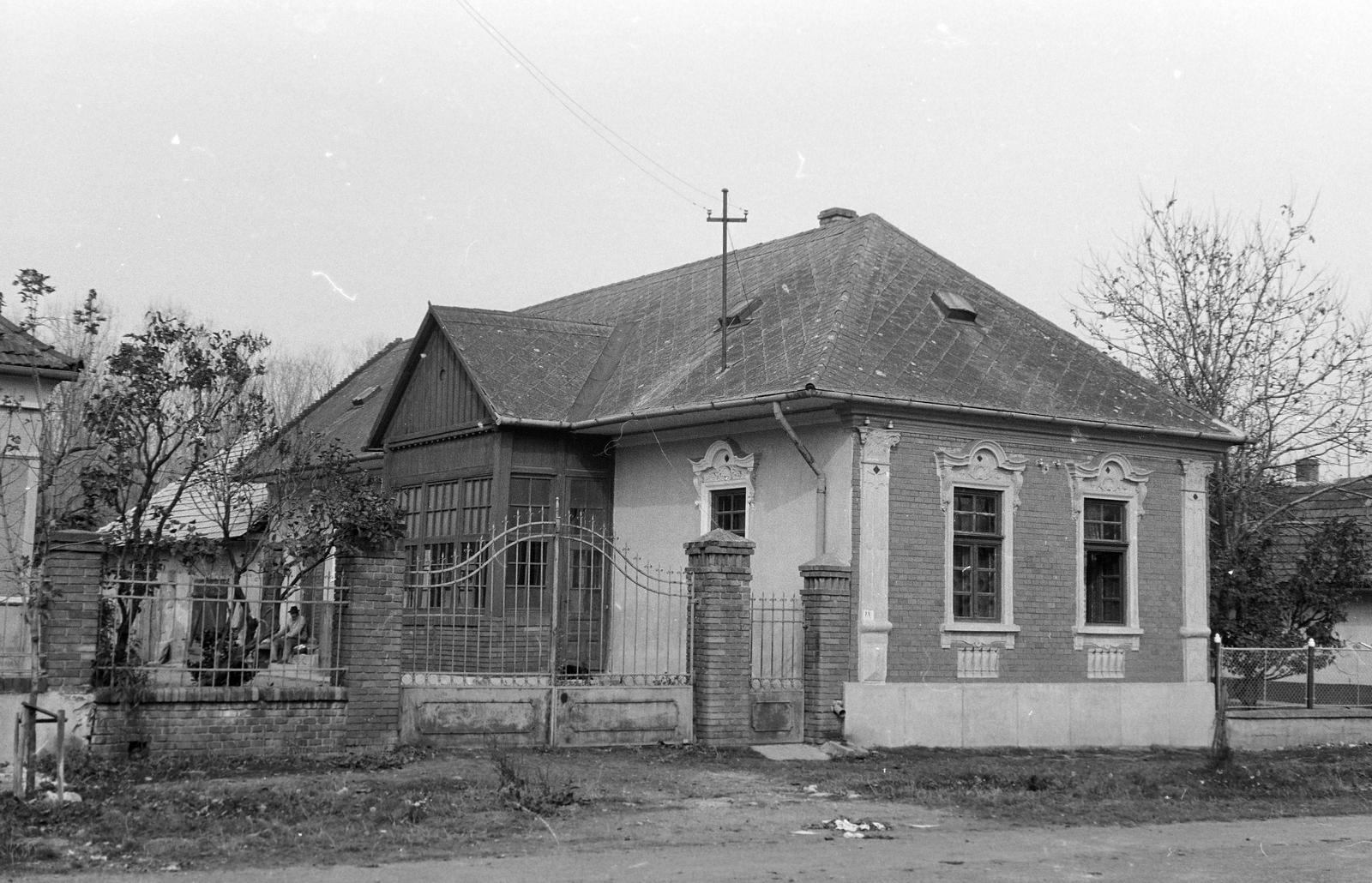 Magyarország, Sajóecseg, Széchenyi utca 34. számú ház., 1976, Gazda Anikó, vakolatdísz, lakóház, kerítés, palatető, Fortepan #307880