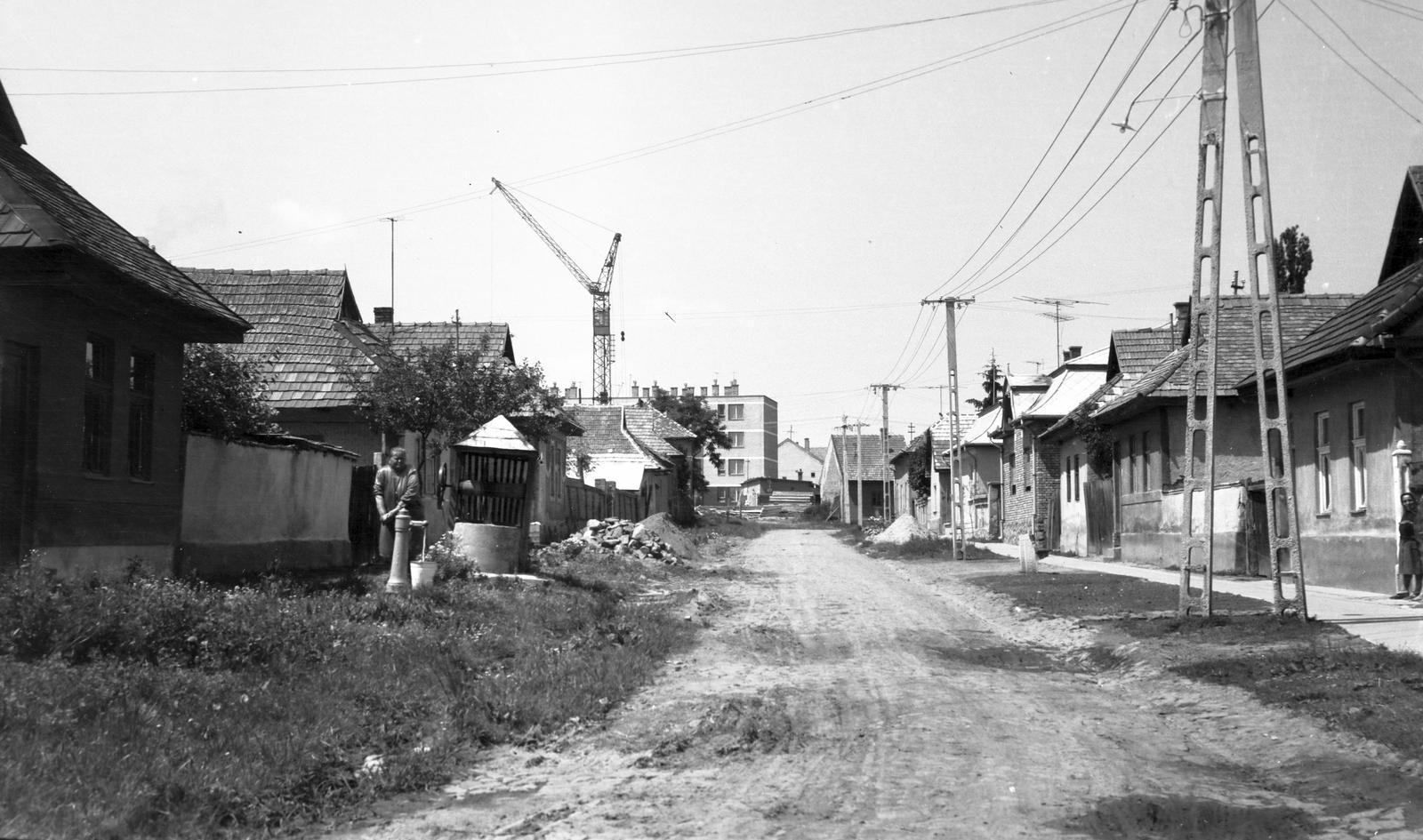 Hungary, 1971, Gazda Anikó, dirt road, public well, draw well, pylon, Fortepan #307889