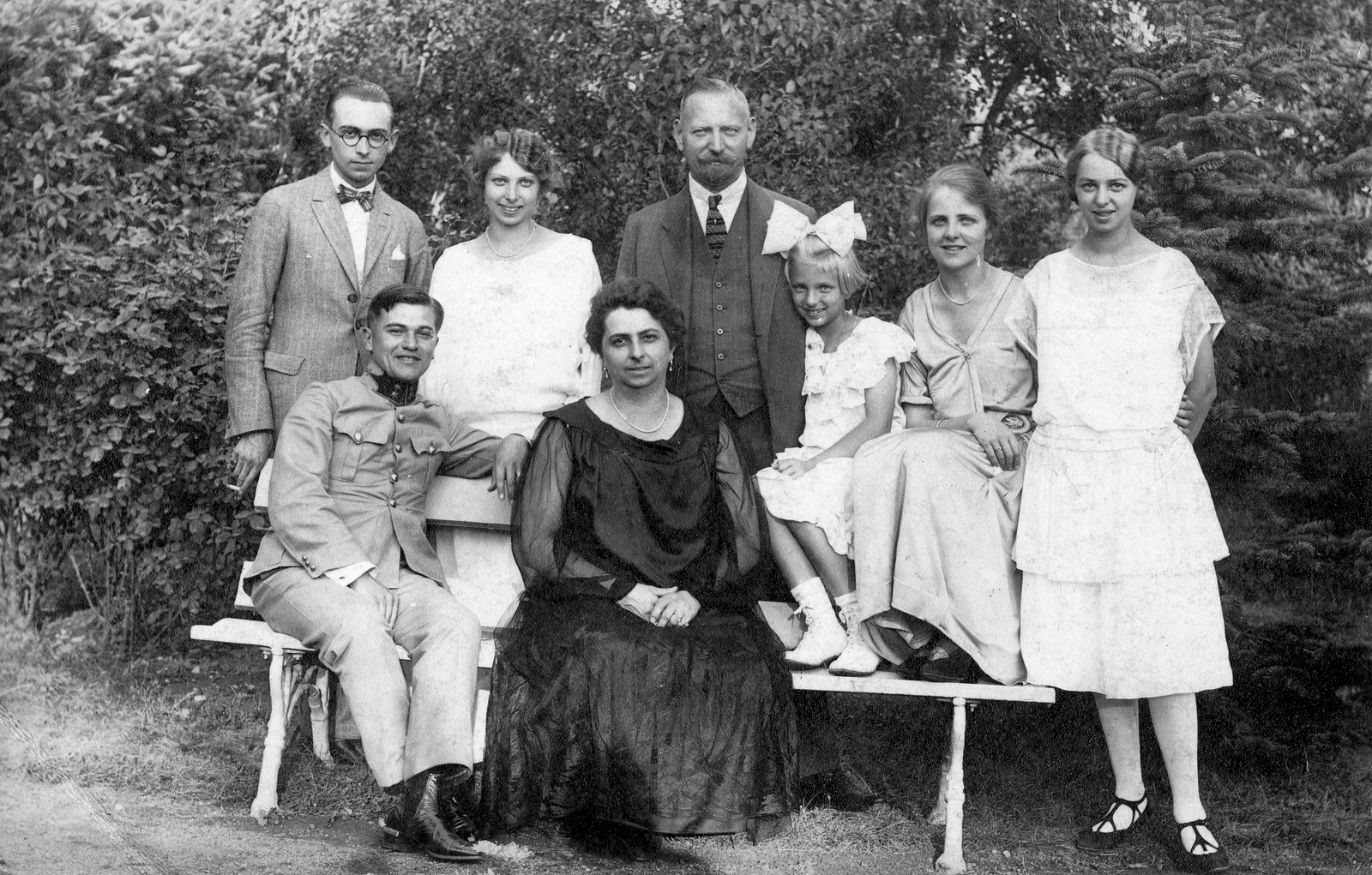 1921, Storymap.hu, family, uniform, garden, tableau, women, men, summer, kids, ribbon, bench, sitting on backrest of a bench, Fortepan #30805