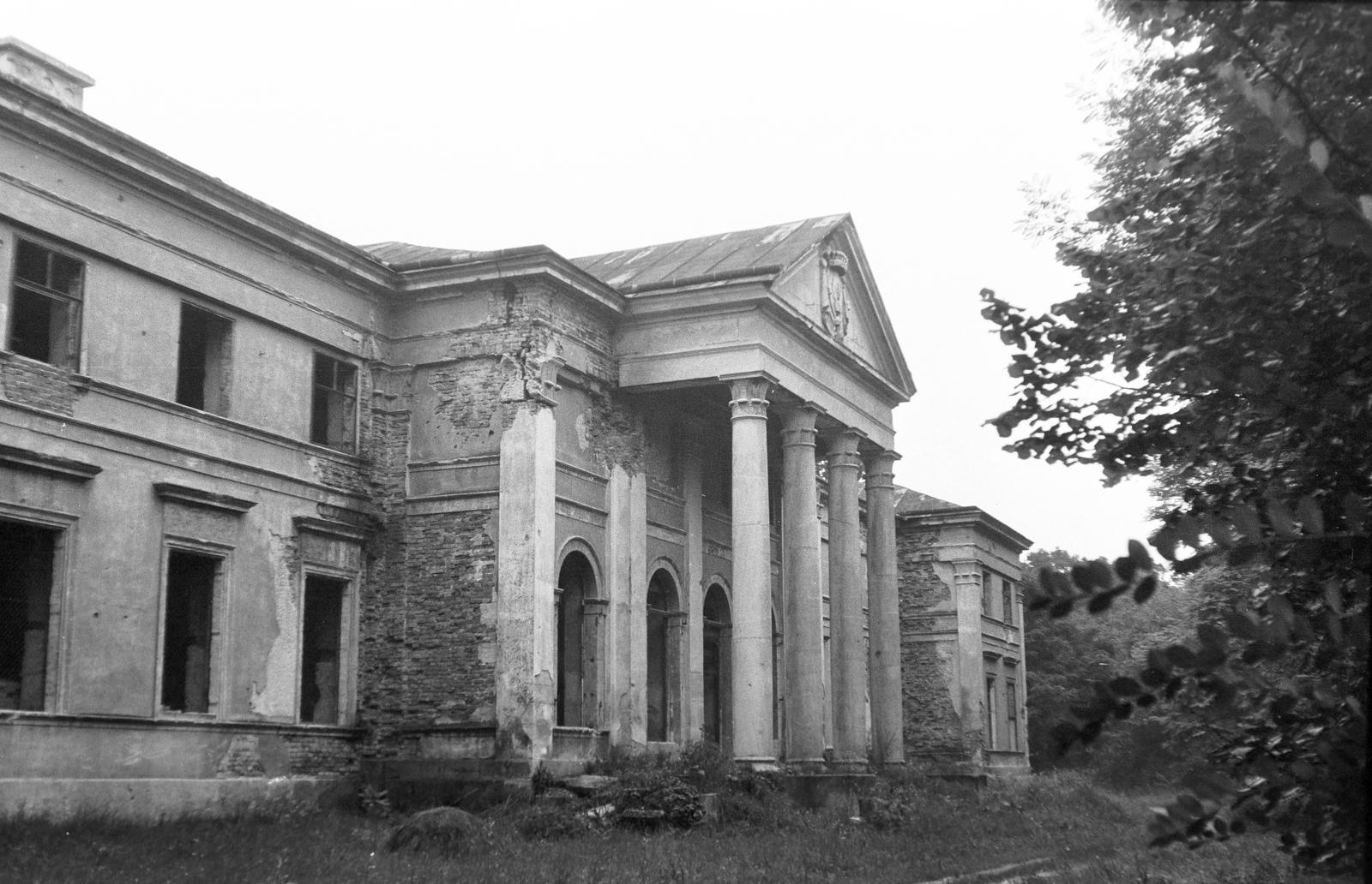 Magyarország, Seregélyes, Zichy-Hadik kastély., 1967, Gazda Anikó, Best of, címer, épület, timpanon, oszlopsor, épületkár, Fortepan #308061