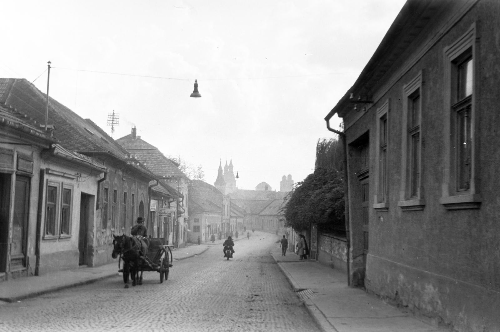 Hungary, Eger, Széchenyi István (Széchenyi) utca, jobbra az egykor a tanítóképző internátusa, ekkor a Tanárképző Főiskola Kun Béla kollégiuma parkjának növényzettel borított kőkerítése. Szemben a Szent Anna-kápolna és a ciszterci templom tornyaitól jobbra a Főszékesegyház látható., 1960, Gazda Anikó, Horse-drawn carriage, Fortepan #308213