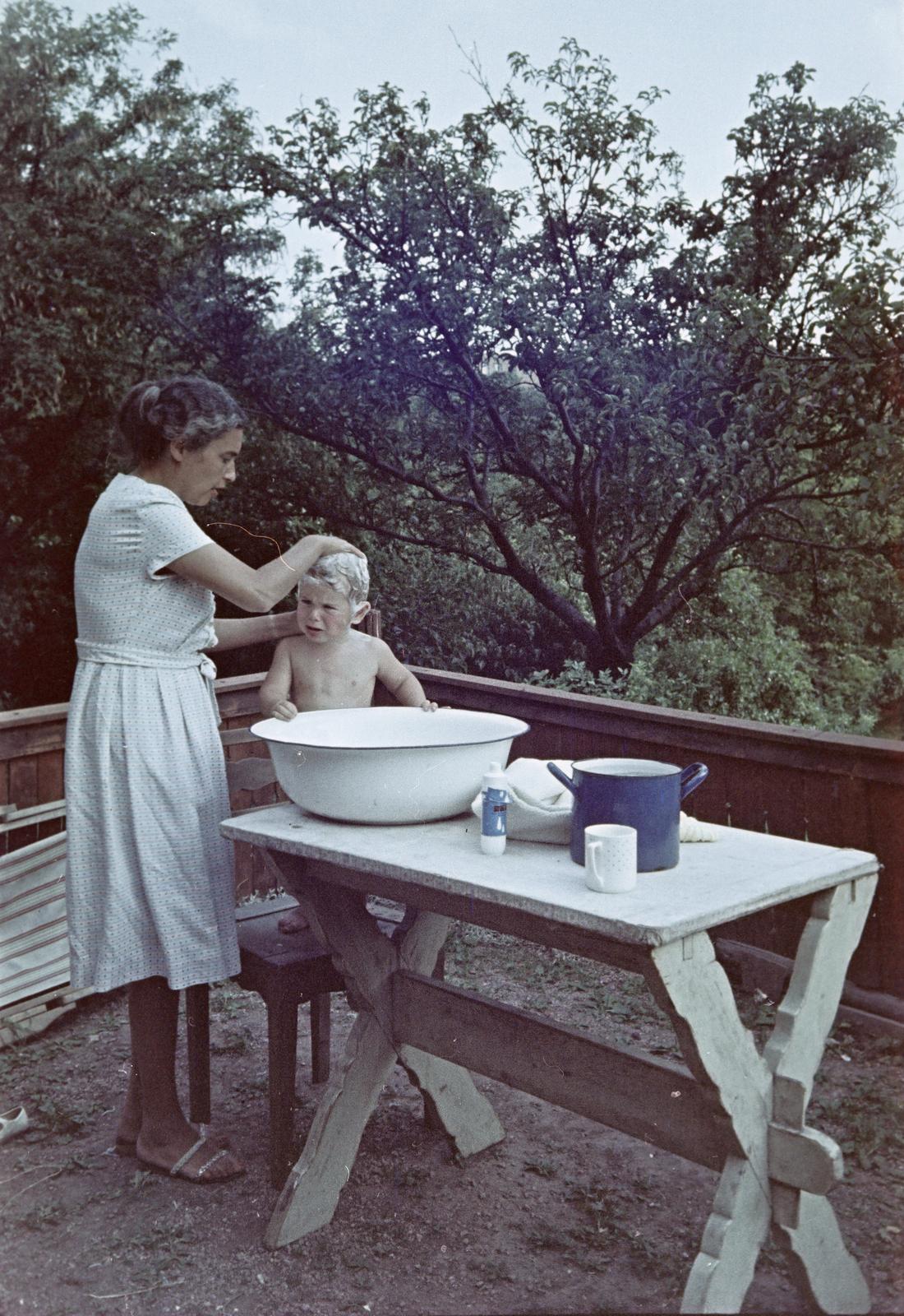 Magyarország, 1960, Gazda Anikó, színes, széken állni, mosdótál, fejmosás, hajmosás, Fortepan #308249