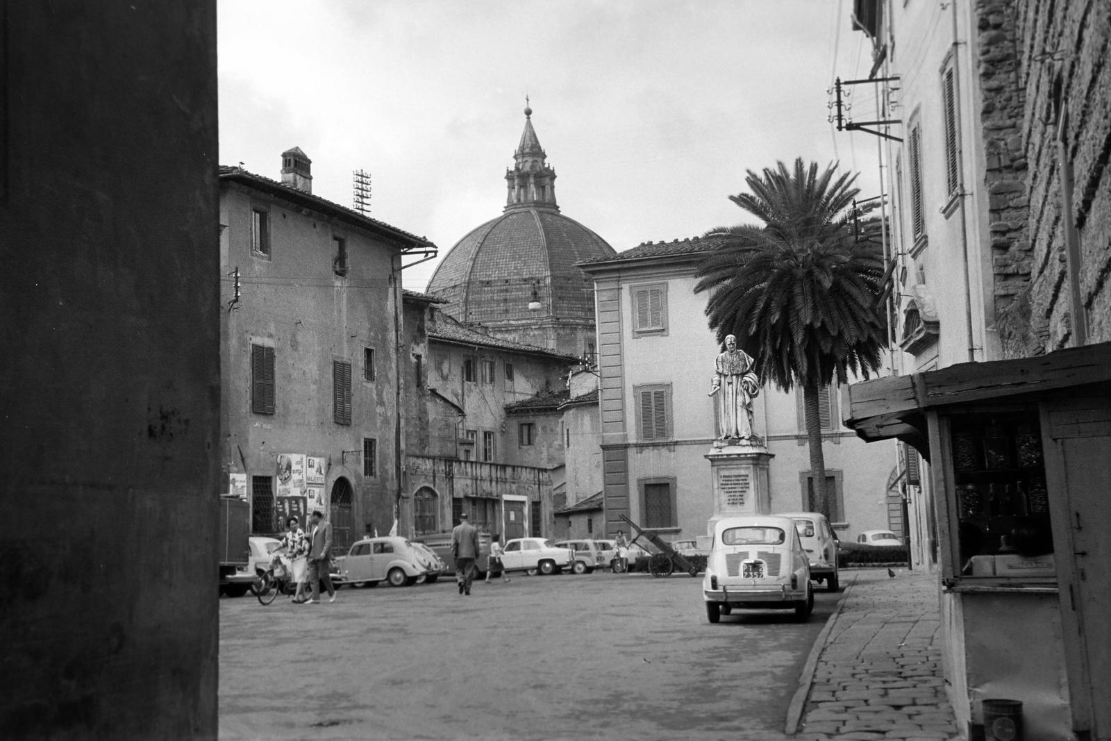 Olaszország, Pistoia, Piazetta Spirito Santo, Niccolò Fortiguerra bíboros szobra (Cesare Sighinolfi, 1863.), háttérben a Santuario Basilica della Madonna dell'Umiltà kupolája látható., 1960, Gazda Anikó, pálmafa, Fortepan #308409