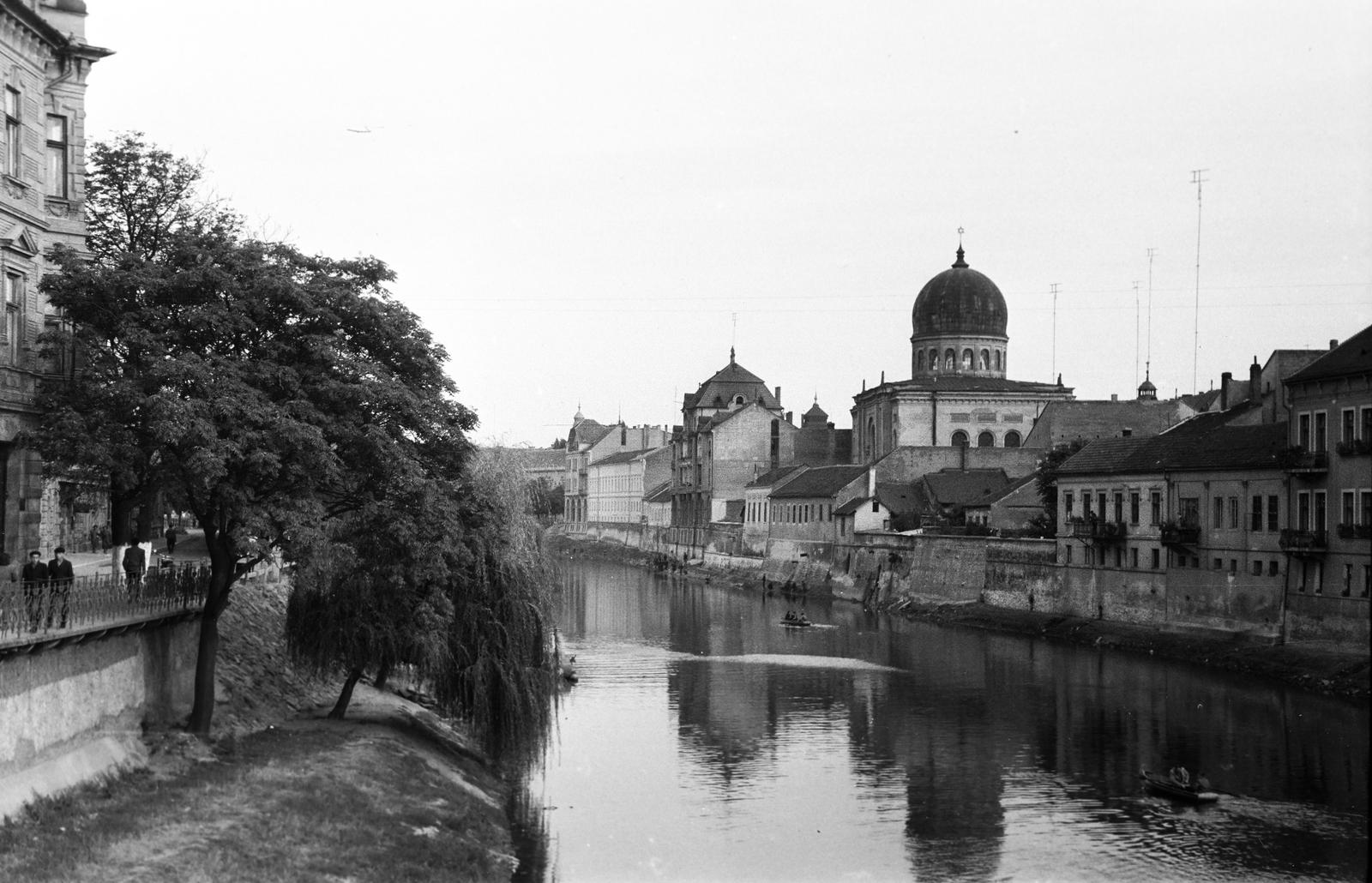 Romania,Transylvania, Oradea, a Sebes-Körös a Szent László hídtól a Garasos híd irányába nézve, jobbra a neológ zsinagóga kupolája., 1962, Gazda Anikó, church, willows, shore, Fortepan #308578