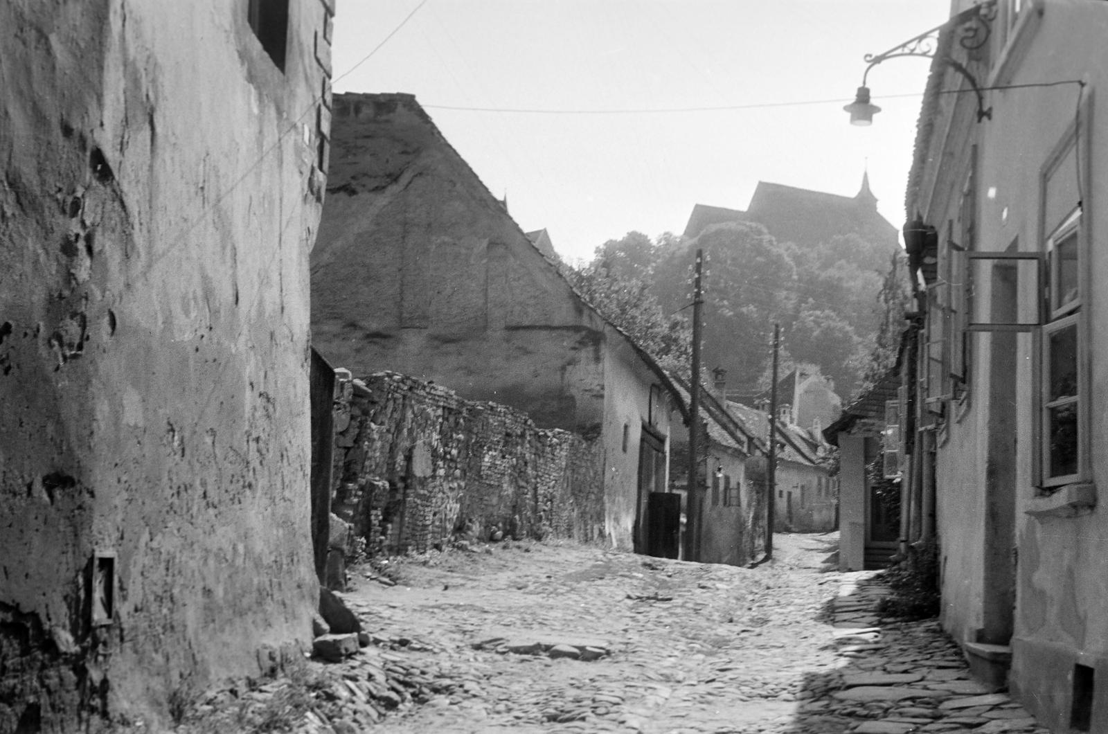 Románia,Erdély, Segesvár, Strada Tâmplarilor, háttérben fent a Hegyi templom (Vártemplom)., 1962, Gazda Anikó, Fortepan #308632