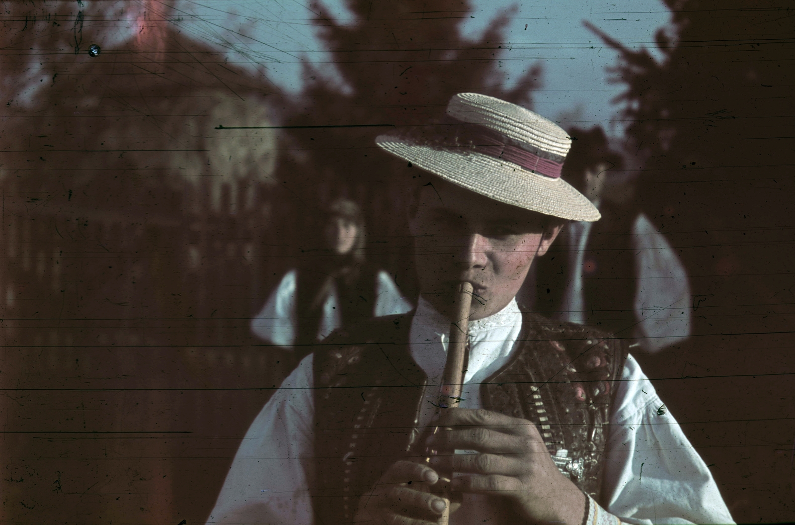 Romania,Transylvania, Észak-Erdély., 1940, Fortepan, portrait, hat, colorful, musical instrument, folk costume, man, flute, knee long doublet, Fortepan #3096
