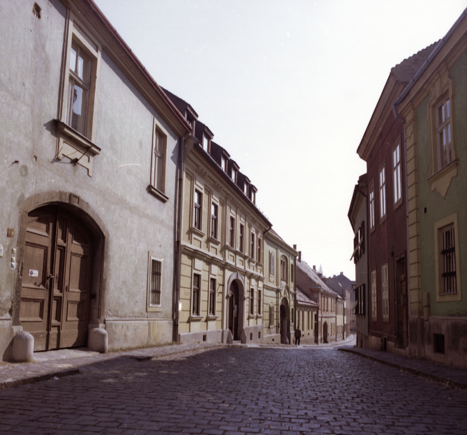 Hungary, Székesfehérvár, Arany János utca a Budenz- házzal., 1979, Építésügyi Dokumentációs és Információs Központ, VÁTI, colorful, cobblestones, street view, Fortepan #30996