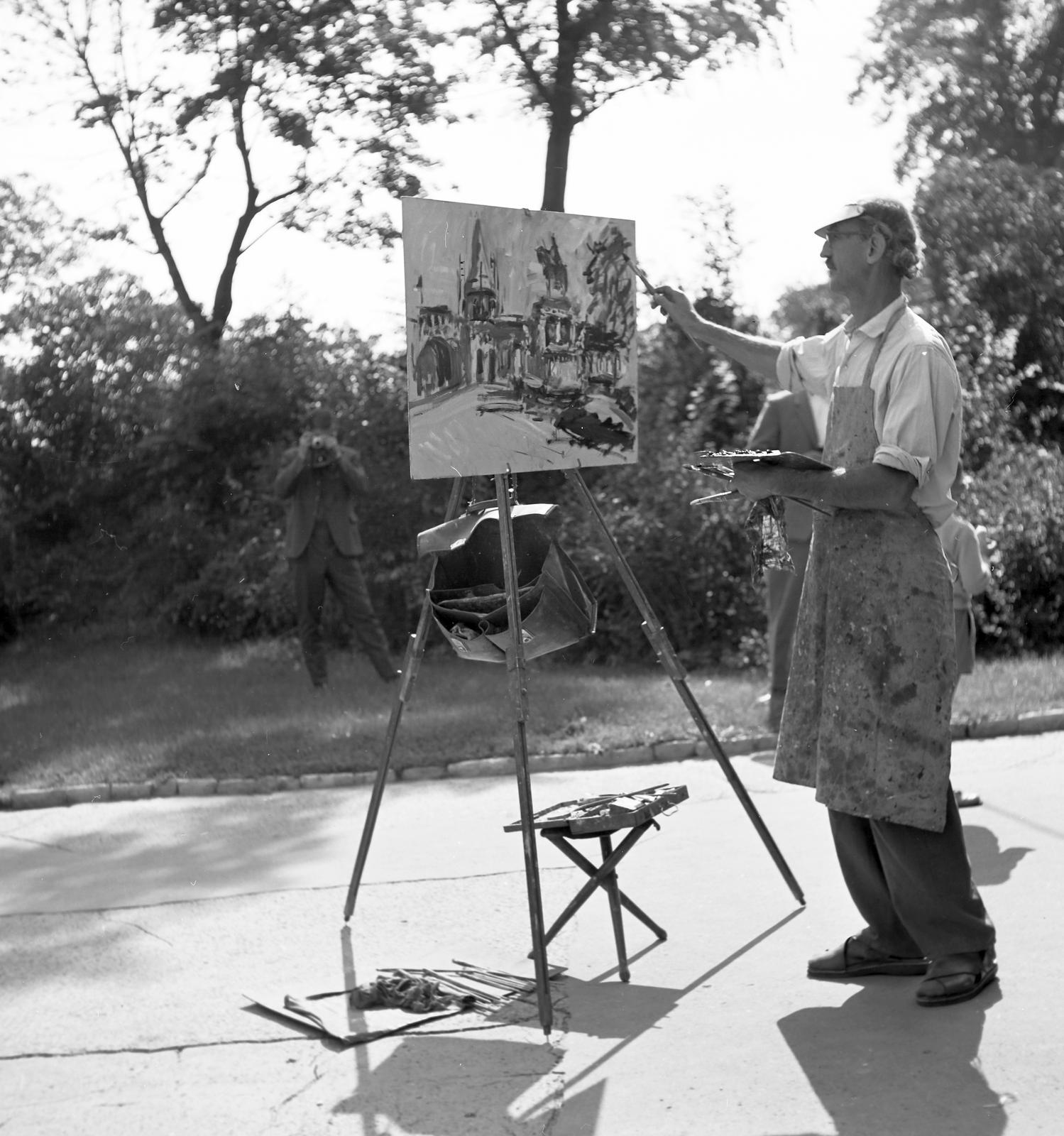 1963, Villányi Gergely, festőállvány, festő, fotózás, összecsukható szék, alkotás, Fortepan #313352