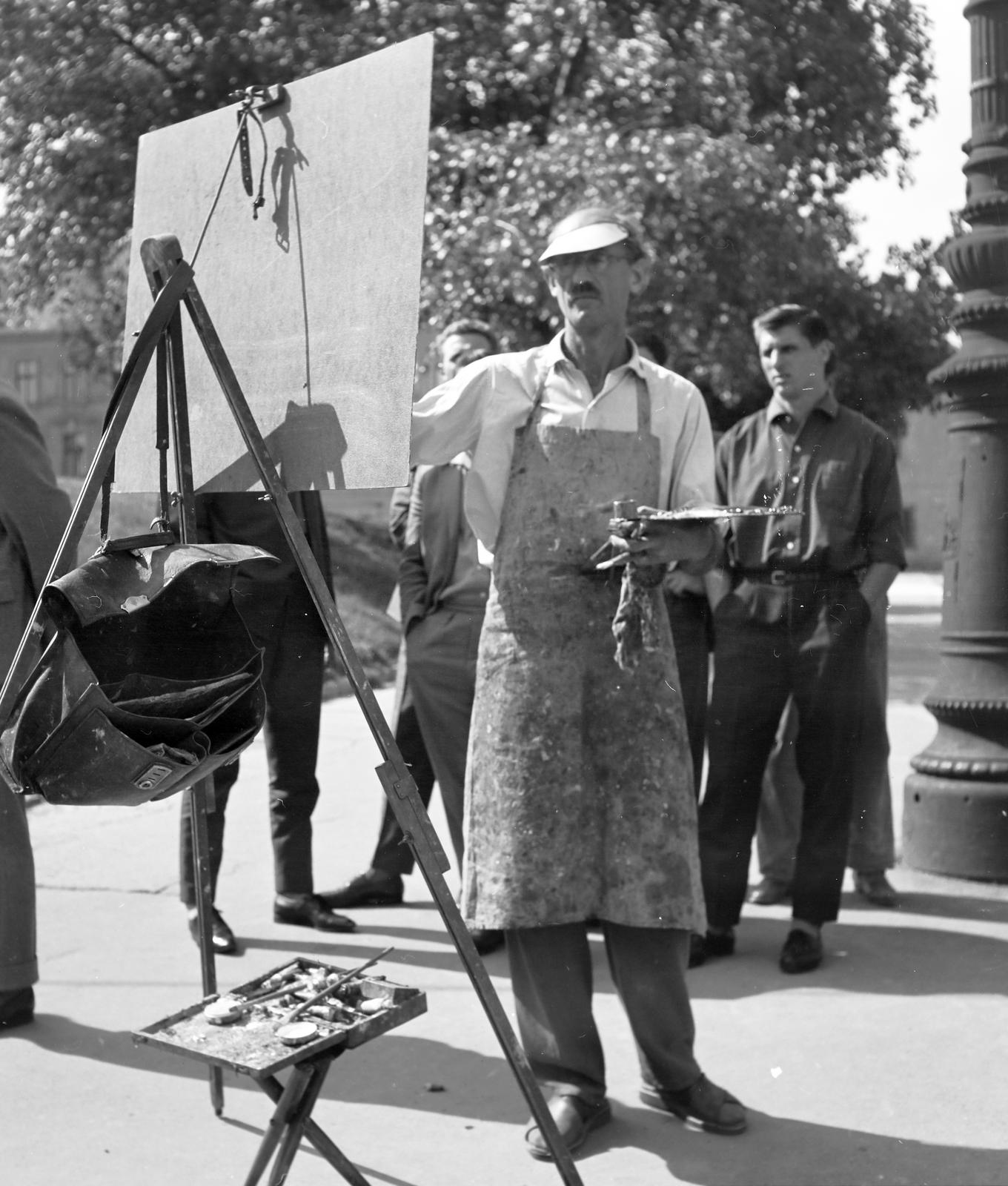 1963, Villányi Gergely, Best of, kötény, festőszerszám, festőállvány, napellenző, festő, Fortepan #313354