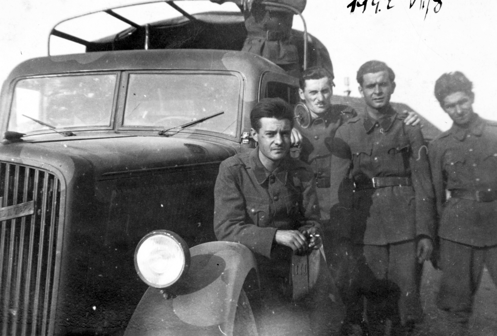 Romania,Transylvania, Sighetu Marmației, gépkocsizó alakulat. Opel Blitz teherautó., 1942, Anderle Lajosné, uniform, Opel-brand, men, commercial vehicle, military, date label, Fortepan #31423