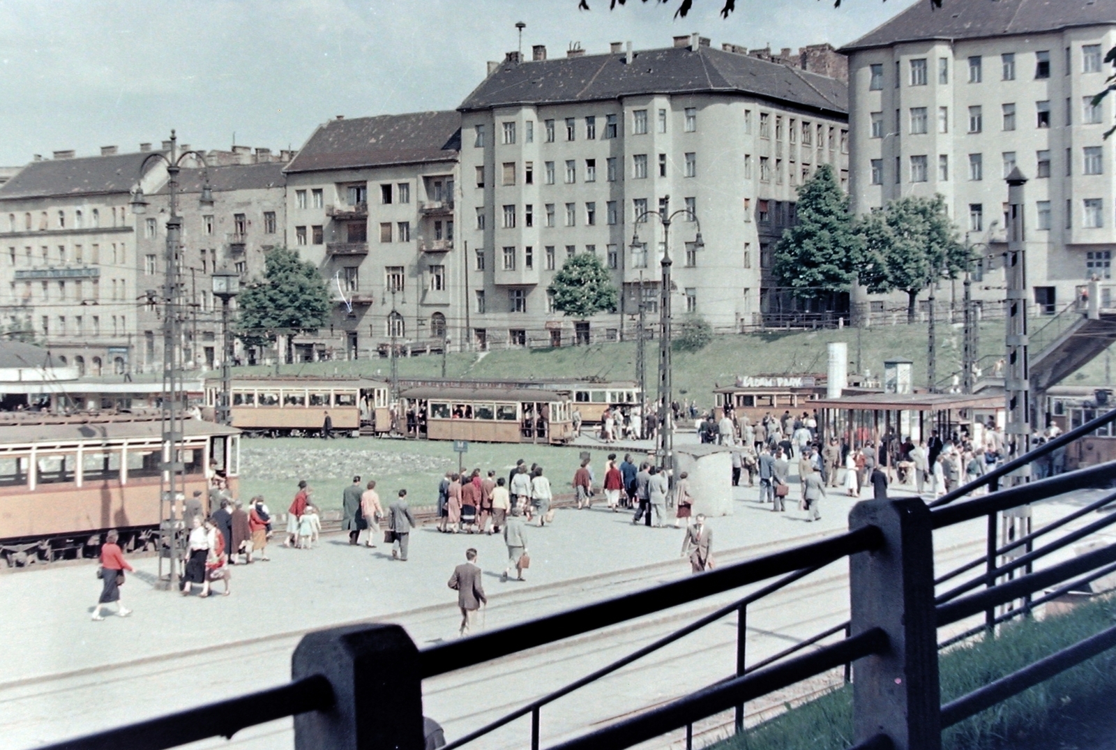 Hungary, Budapest I.,Budapest II., Széll Kálmán (Moszkva) tér a Vérmező út felé nézve., 1957, Fortepan, colorful, Hungarian brand, genre painting, tram, tram stop, Ganz-brand, BKVT V-type, Budapest, Fortepan #315