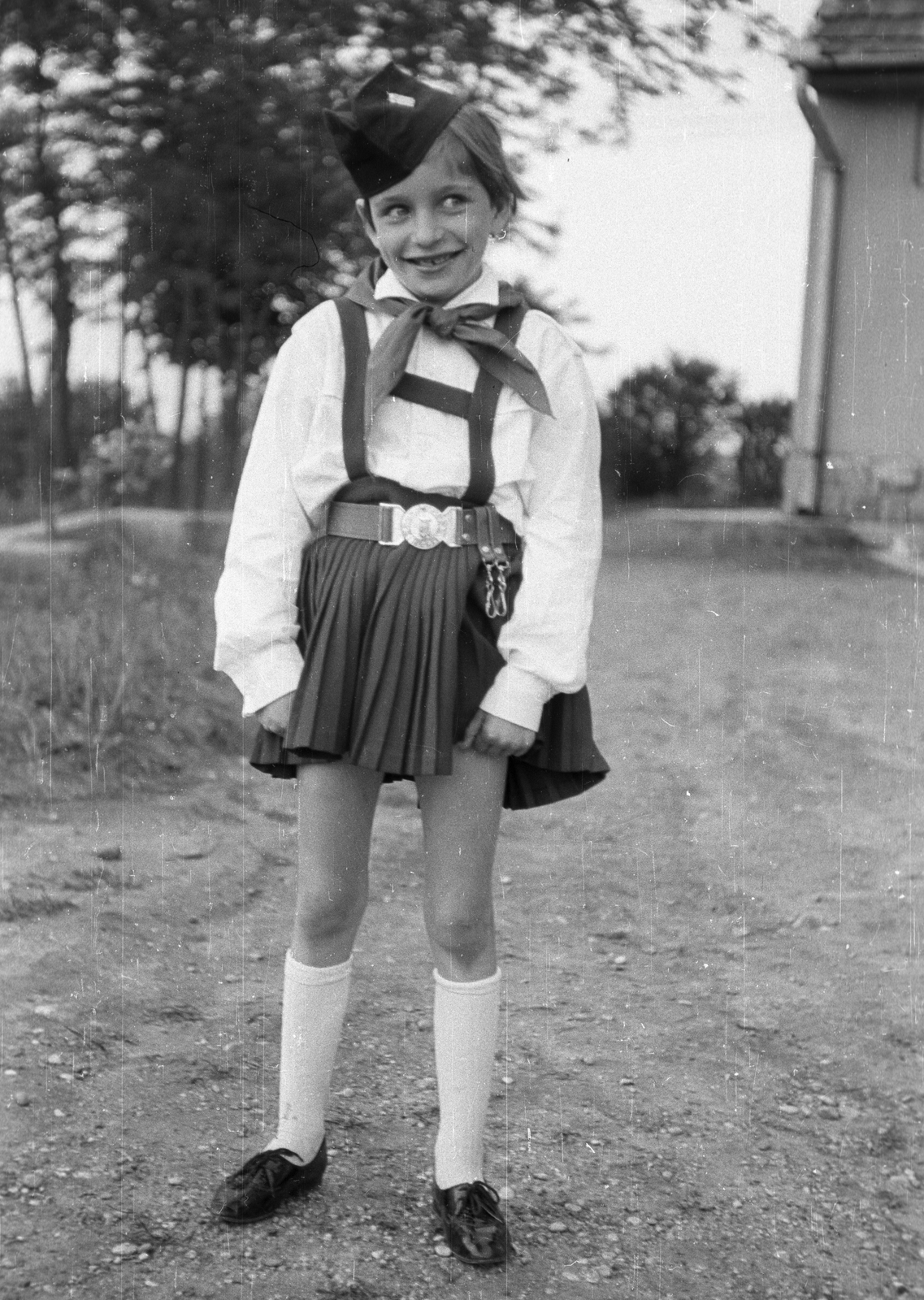 Hungary, 1966, Pálinkás Zsolt, kid, pioneer, uniform, fun, pleated skirt, Fortepan #31543