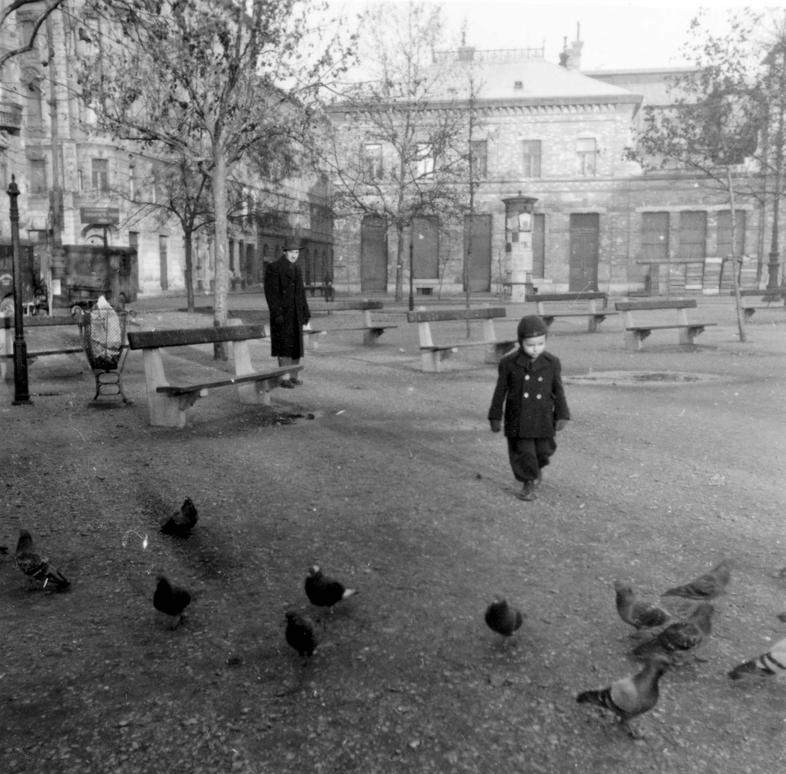 Hungary, Budapest VIII., Rákóczi tér, a háttérben a Vásár utca torkolata., 1959, Bartók István, street furniture, bird, kid, bench, dove, trash can, Budapest, Fortepan #31643
