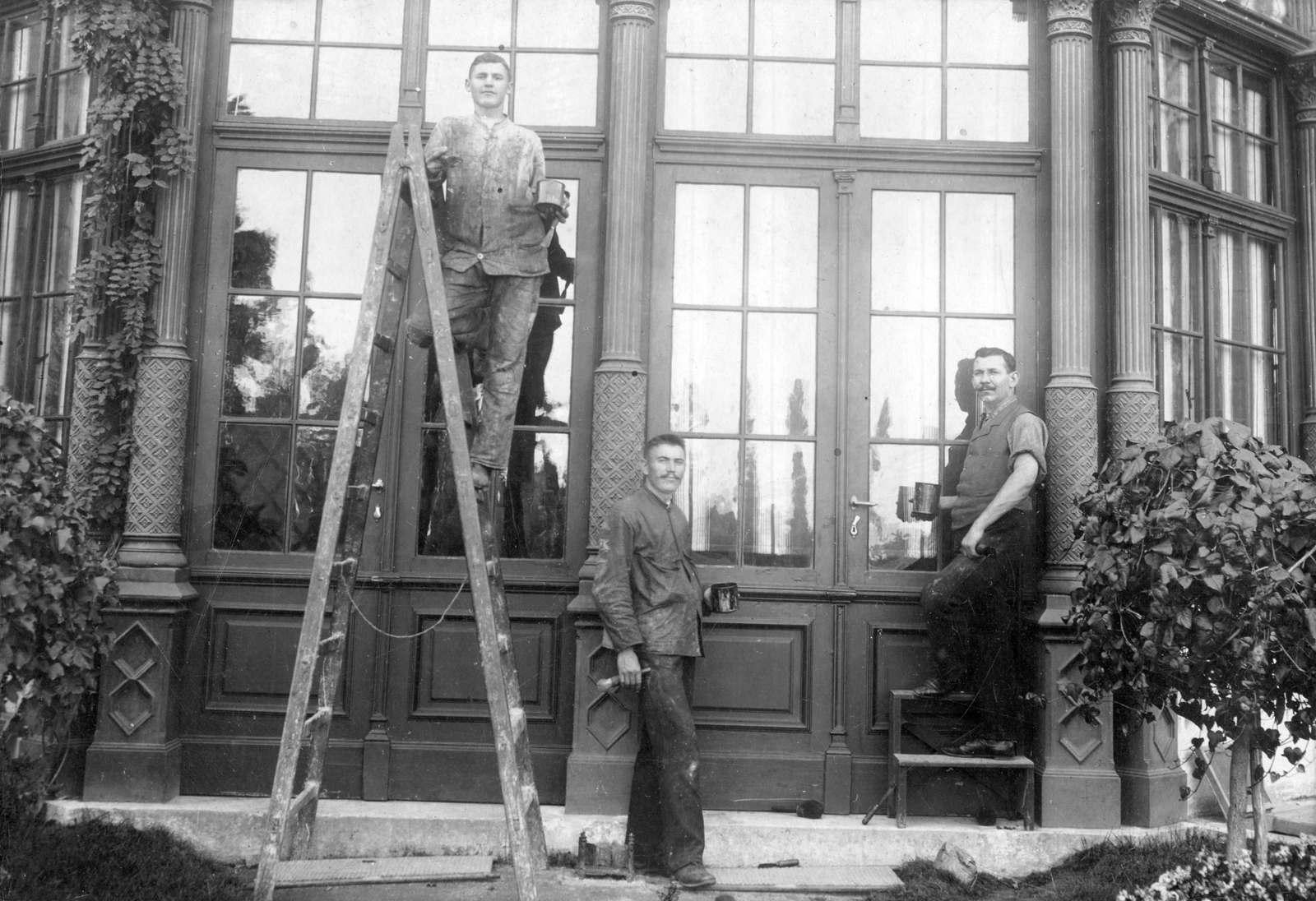 1905, Fehérvári József, tableau, men, ladder, work, decorating, pillar, Fortepan #31701