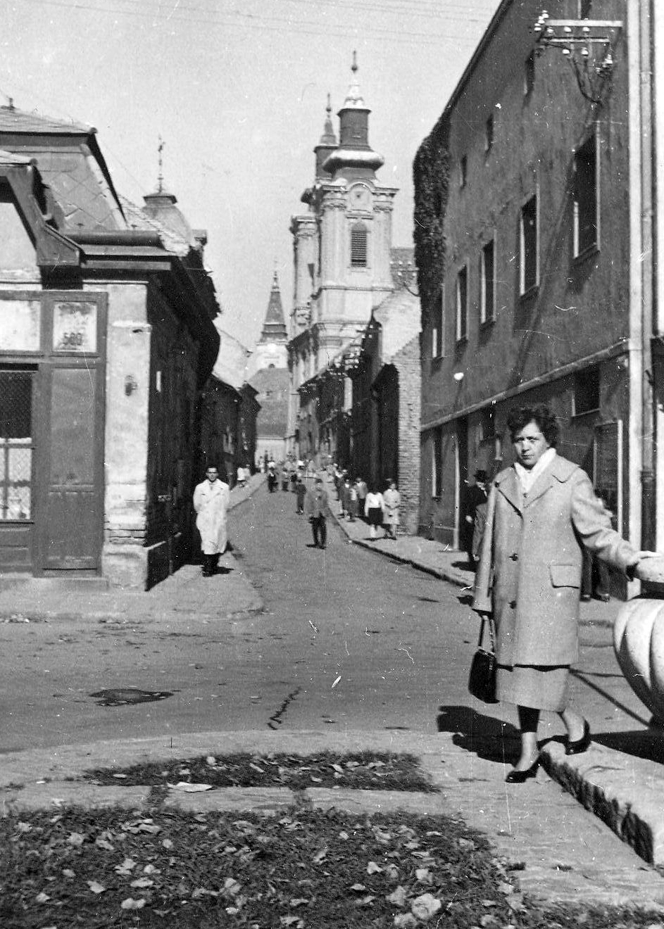 Hungary, Székesfehérvár, Arany János utca, a Szent István-székesegyház és távolabb a ferences templom látható. A felvétel a Maulbertsch-kút előtt készült., 1961, Scheidl Antal, Fortepan #31708