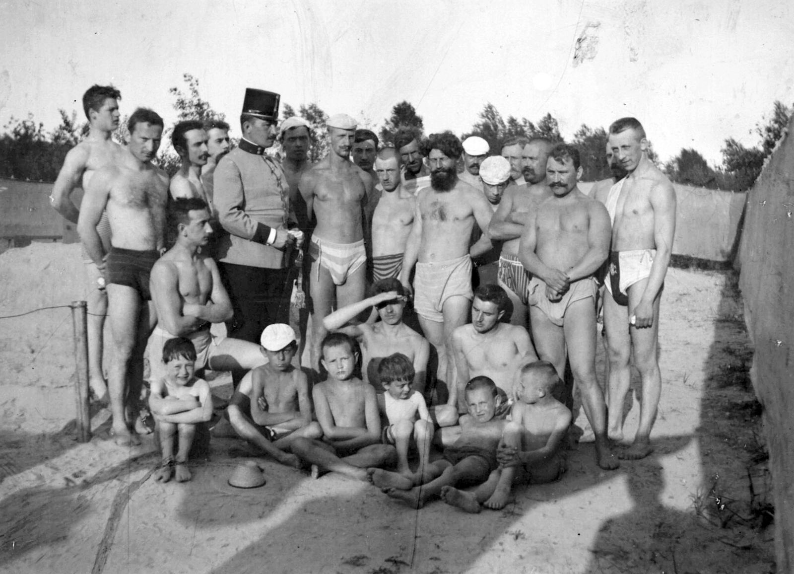 1917, Fodor István, bathing suit, uniform, tableau, men, summer, boys, Fortepan #31772