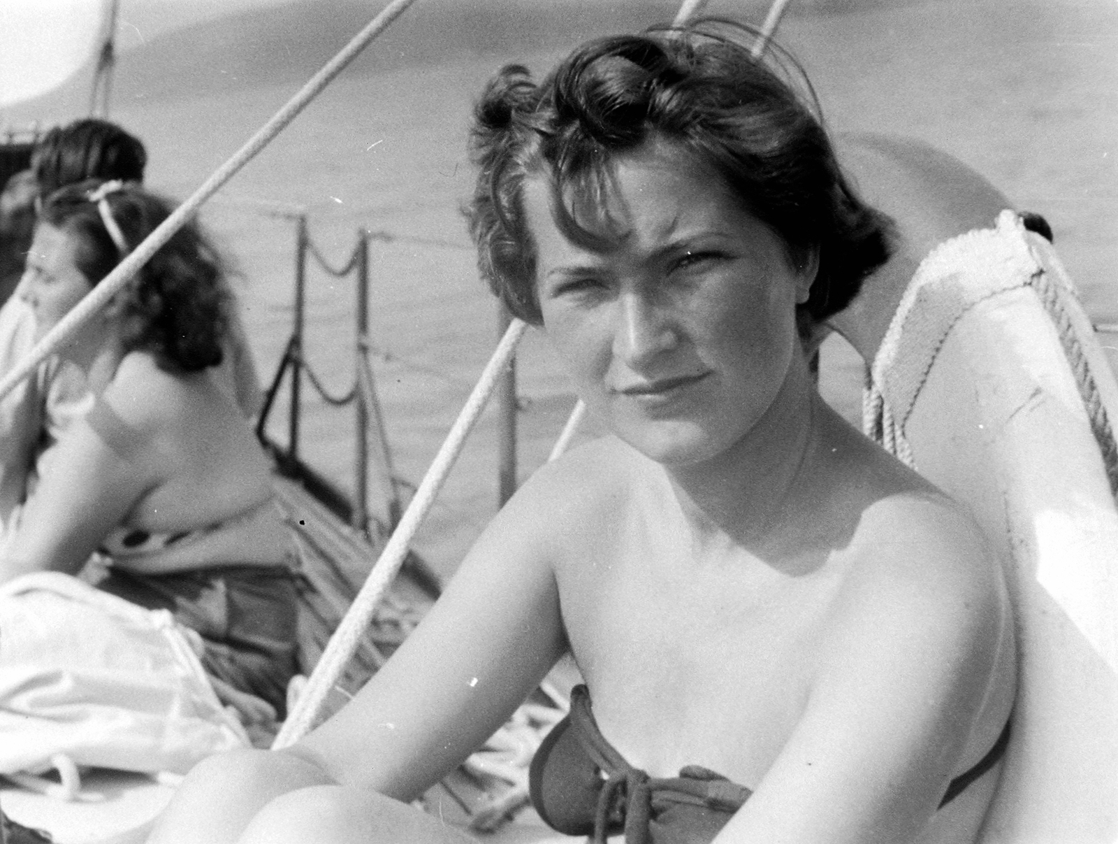 1954, Ludovika, portrait, ship, bathing suit, woman, lifebelt, hairdo, Fortepan #3189