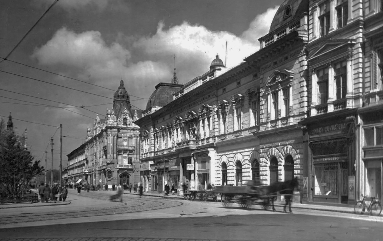 Magyarország, Szeged, Széchenyi tér., 1947, Kozma János, lovaskocsi, üzletportál, cukrászda, Fortepan #31940