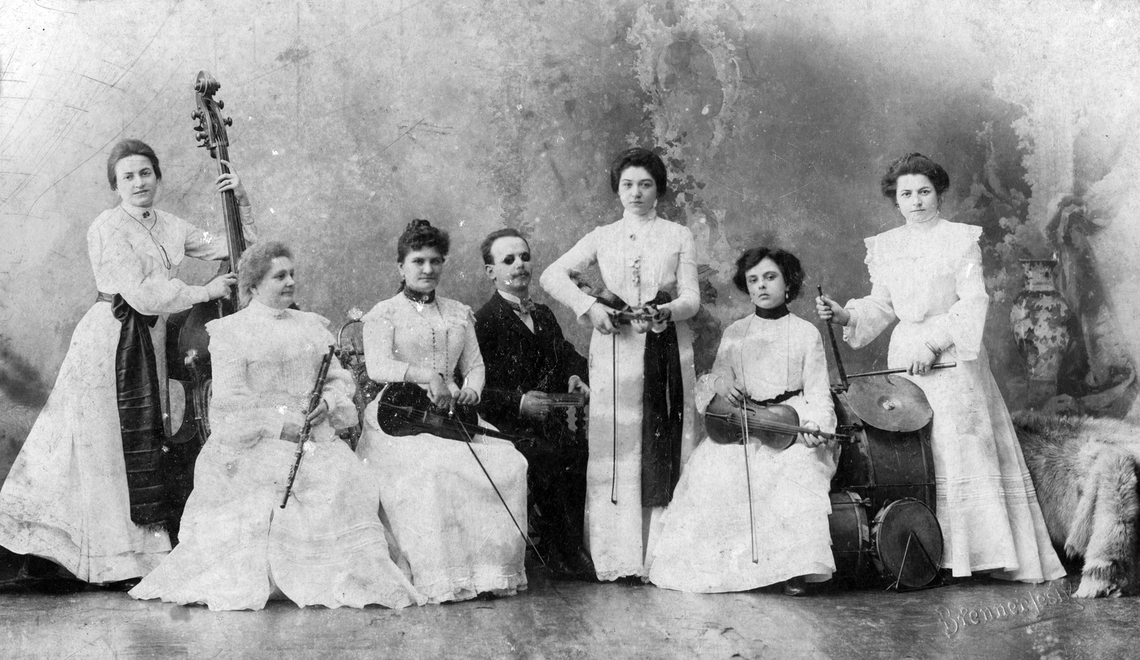 1900, GGAABBOO, music, musical instrument, tableau, violin, double bass, drum, cymbal, Fortepan #32099