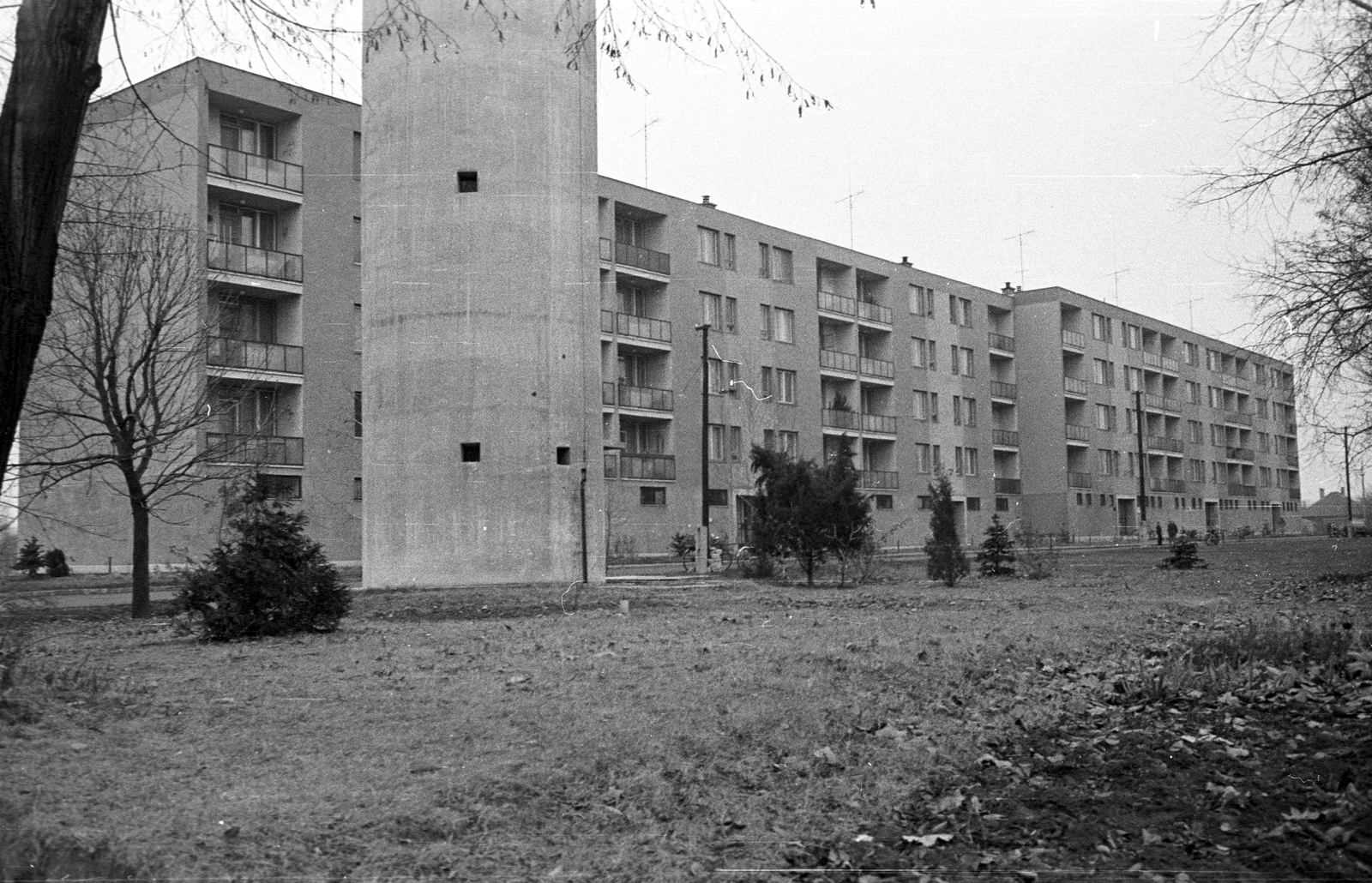 Hungary, Kiskunhalas, Kuruc vitézek tere, előtérben a víztorony alja., 1969, Építésügyi Dokumentációs és Információs Központ, VÁTI, blocks, autumn, wood, water tower, Fortepan #32254