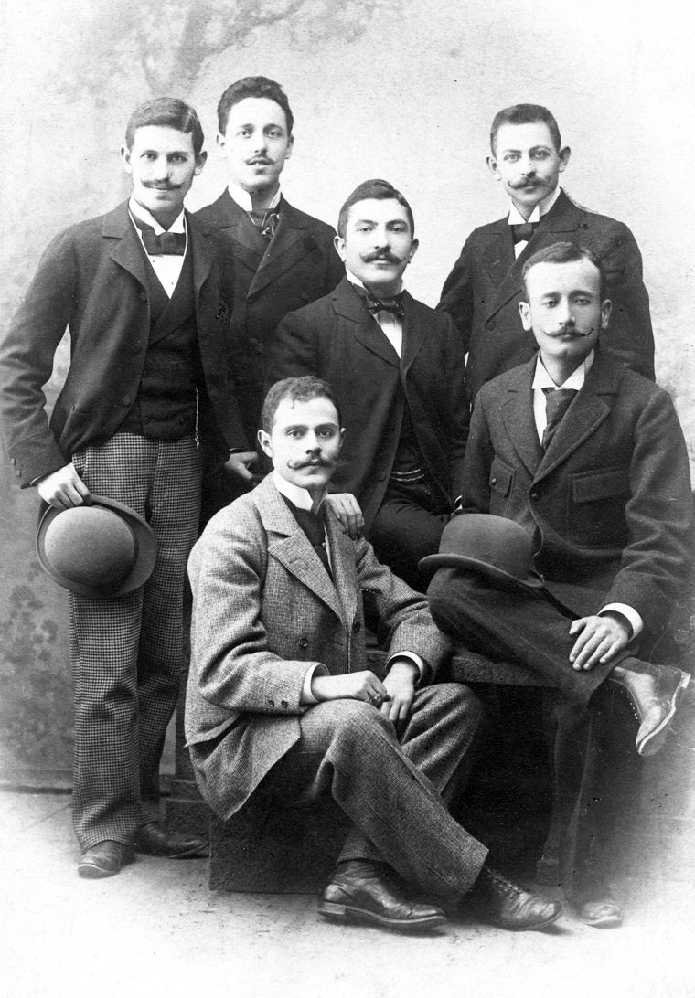 1900, GGAABBOO, fashion, tableau, men, bowler hat, Fortepan #32459