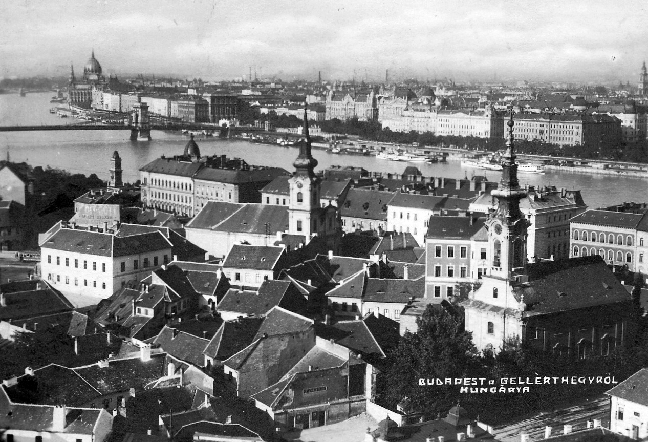 Hungary, Budapest I., látkép a Gellérthegyről, előtérben a Tabán., 1930, Pesti Brúnó, church, roof, picture, parliament, Danube, Budapest, suspension bridge, Duna-bridge, Fortepan #32585