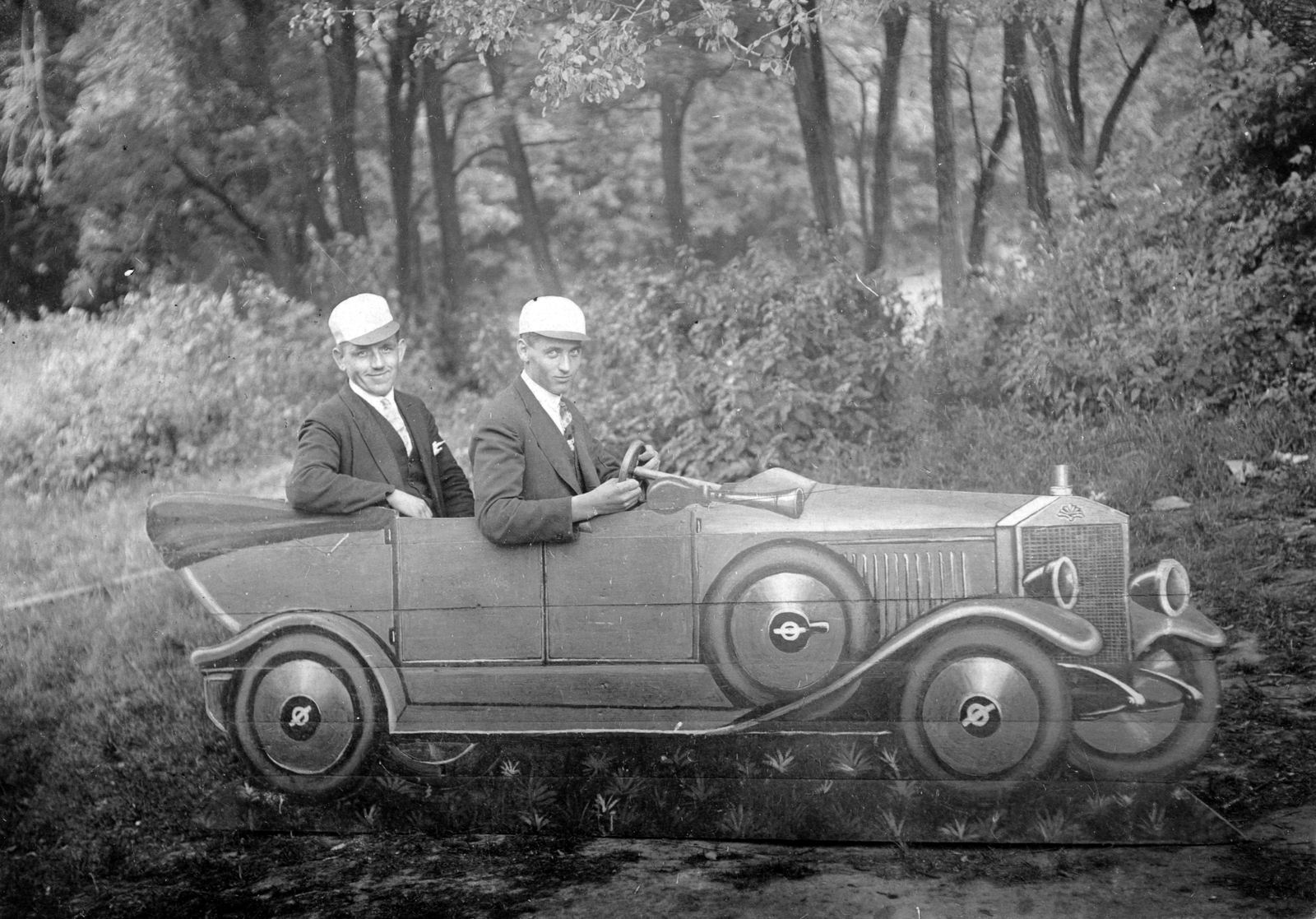 1924, Fortepan, woods, men, fun, double portrait, Fortepan #32623