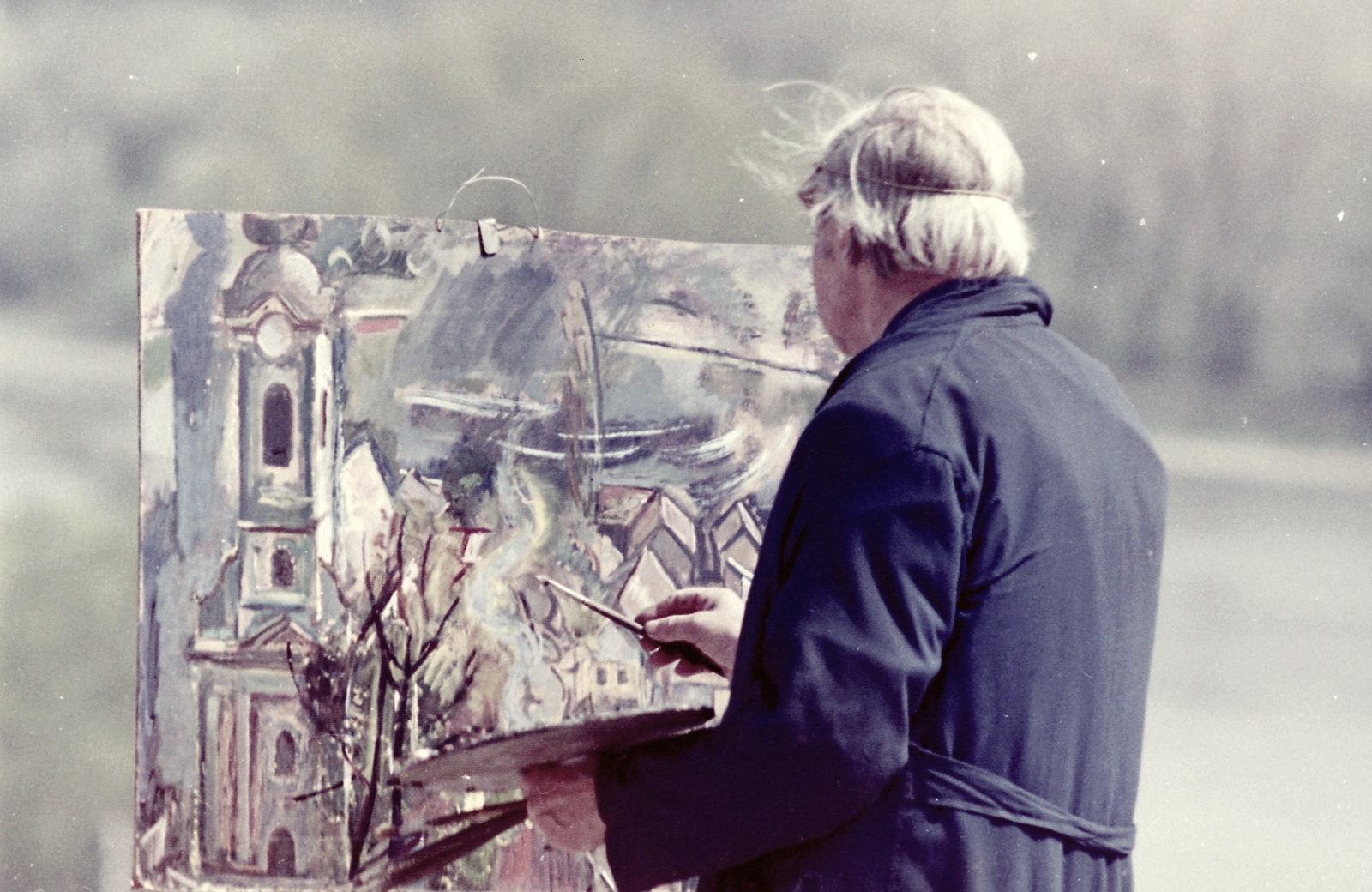 Hungary, Szentendre, Szamár hegy, Bartók Béla utca, Pirk János festőművész., 1976, Déri György, art, celebrity, colorful, painting, Fortepan #32712
