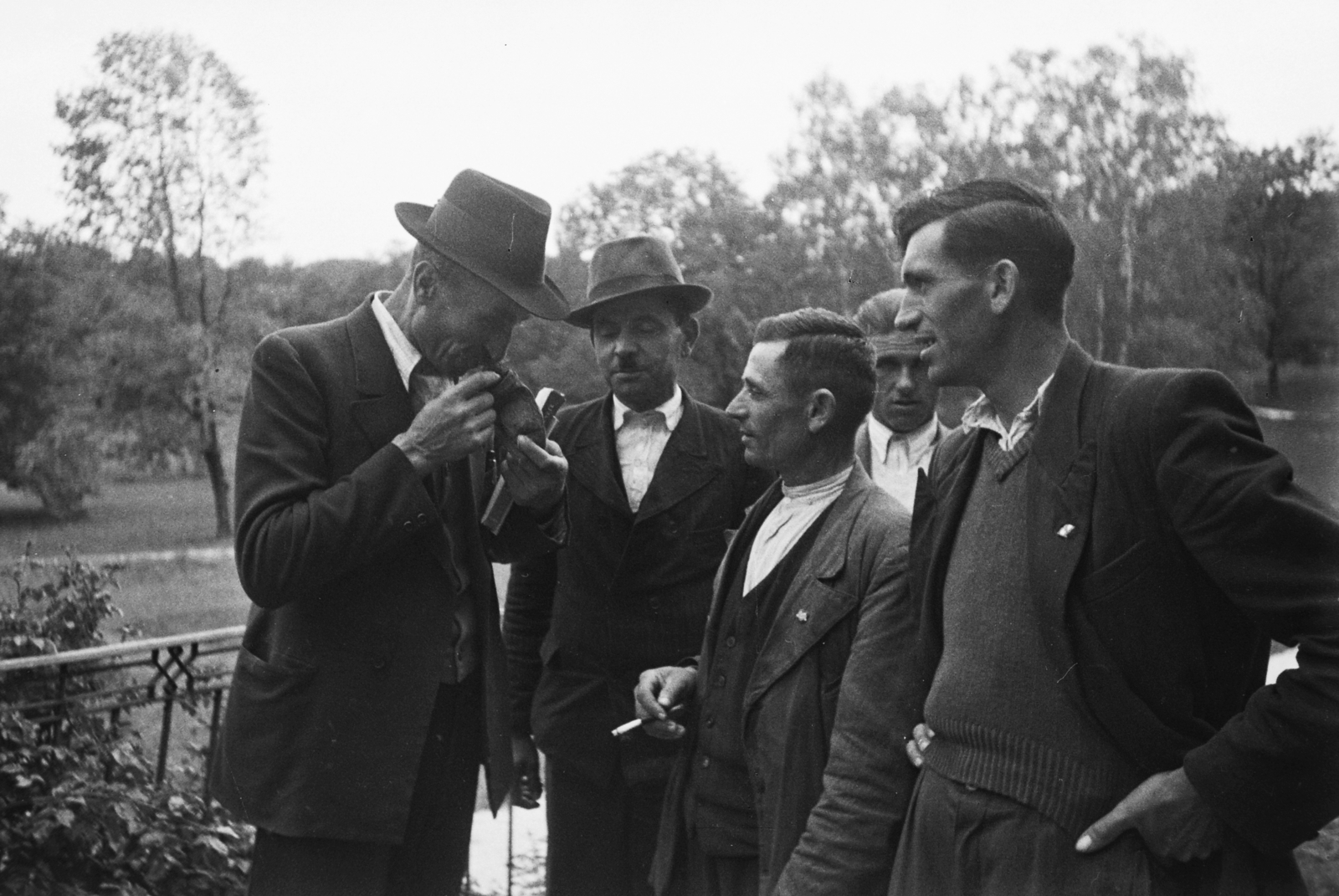 Hungary, Budapest XII., Béla király út 30., Dolgozó Parasztok és Földmunkások Országos Szövetsége (DÉFOSZ) Szabadsághegyi iskola épületének terasza. Mintagazdák utazás előtti gyülekezése, akiket a Szovjetunió meghívott a világ leghaladottabb földművelésének tanulmányozására., 1949, Kovács Márton Ernő, Budapest, men, farm, agriculture, education, Fortepan #33074