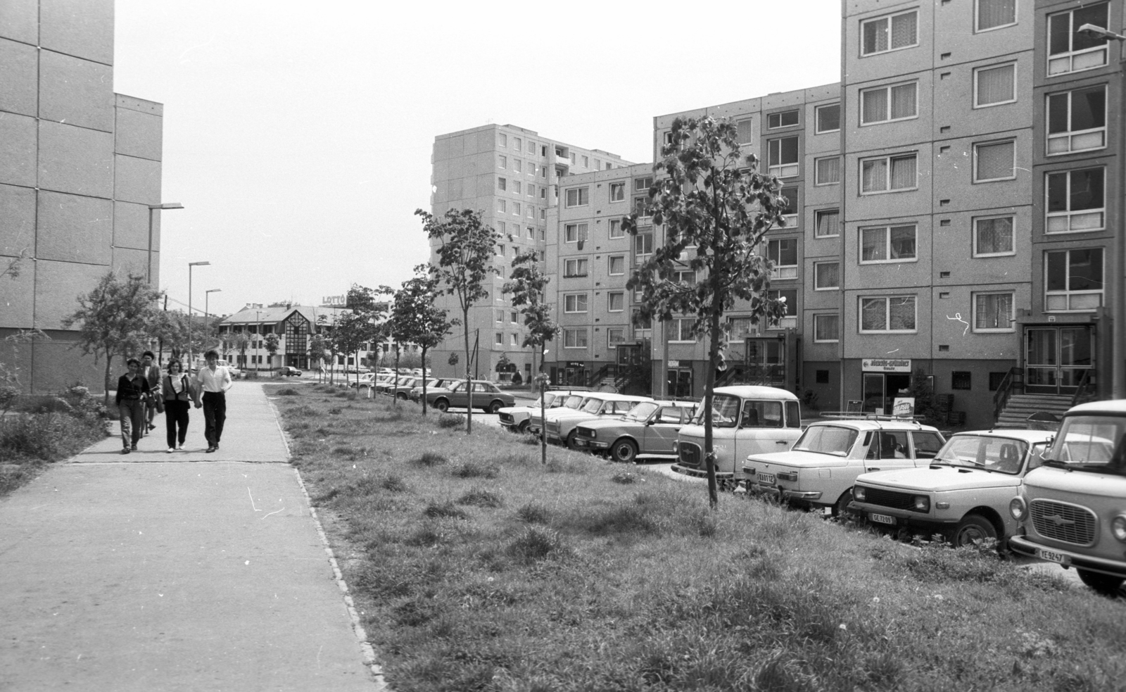Magyarország, Székesfehérvár, Palotaváros (Lenin lakótelep), Tolnai utca a Sütő utca felé nézve., 1986, Építésügyi Dokumentációs és Információs Központ, VÁTI, Trabant-márka, lakótelep, utcakép, Skoda-márka, Wartburg-márka, parkoló, rendszám, Fortepan #33412